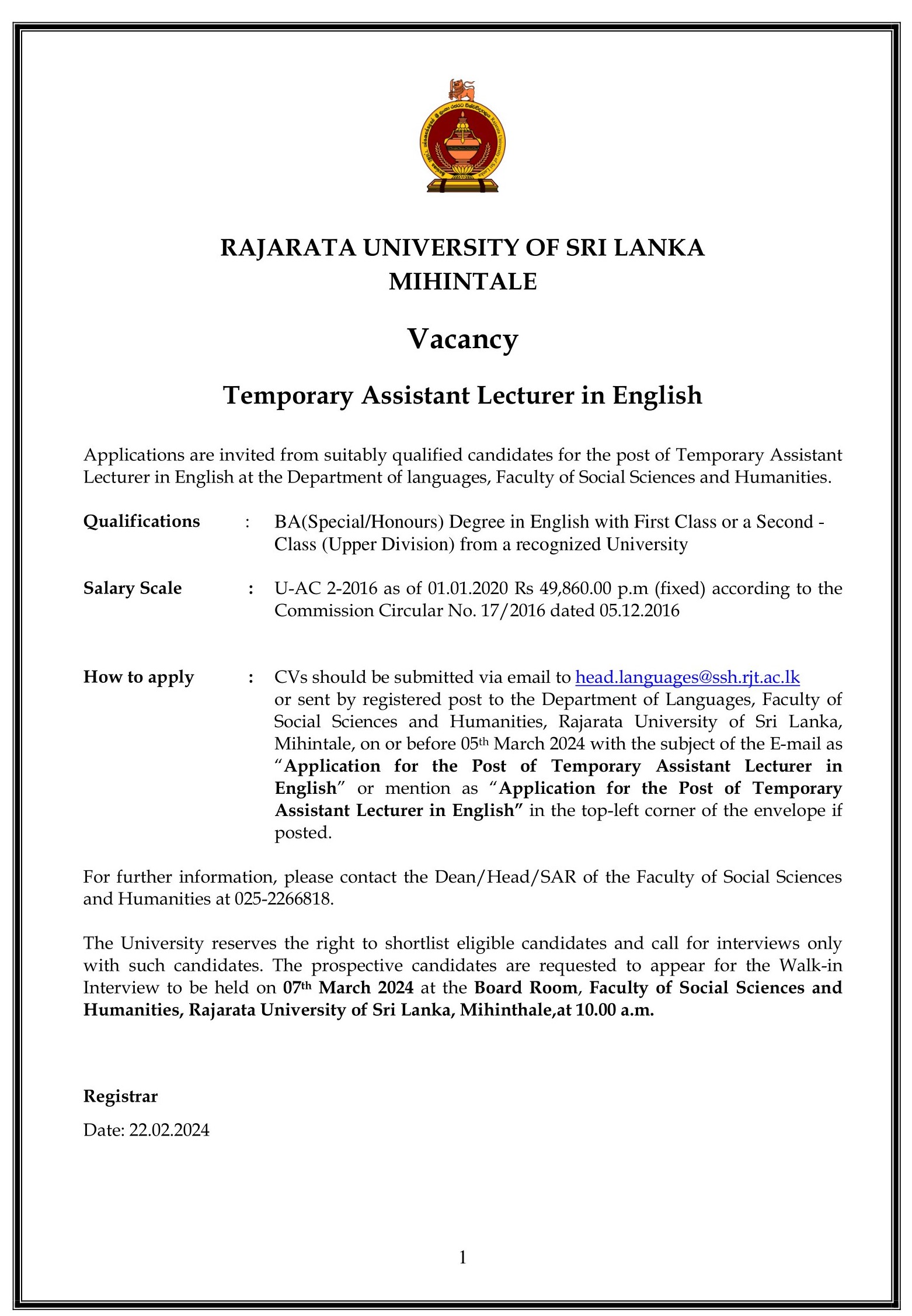 Temporary Assistant Lecturer - Rajarata University of Sri Lanka