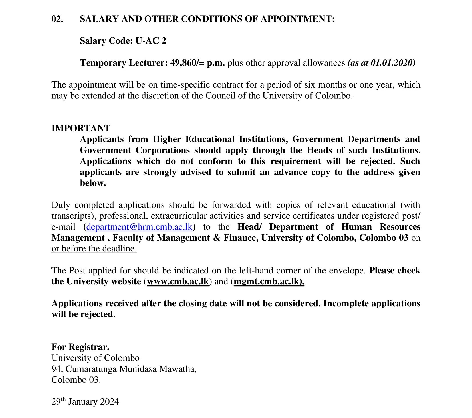 Temporary Assistant Lecturer - University of Colombo