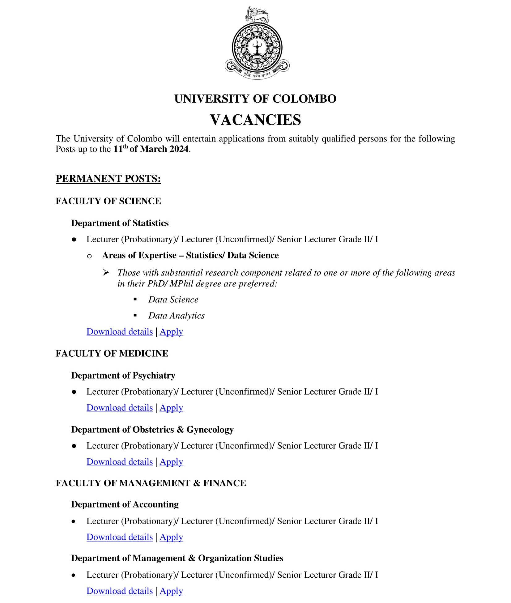 Lecturer, Senior Lecturer - University of Colombo 