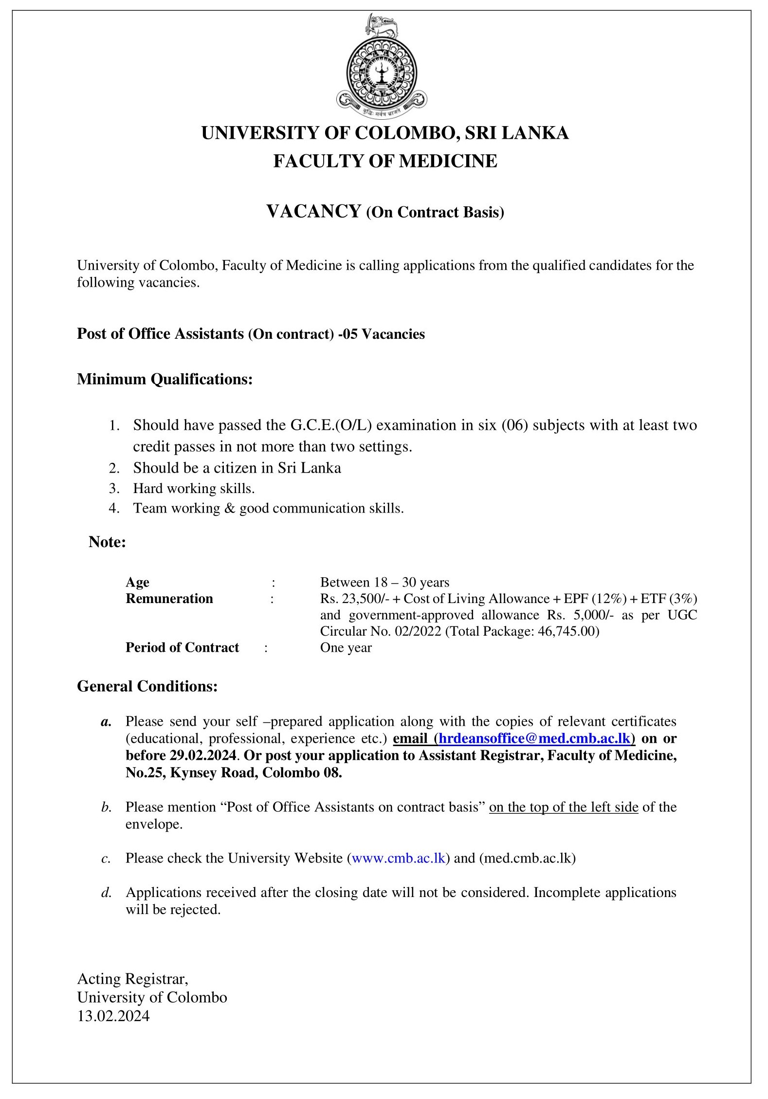 Officer Assistant - University of Colombo