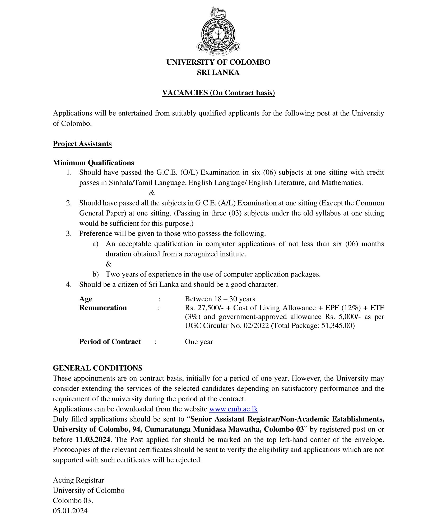 Project Assistant - University of Colombo