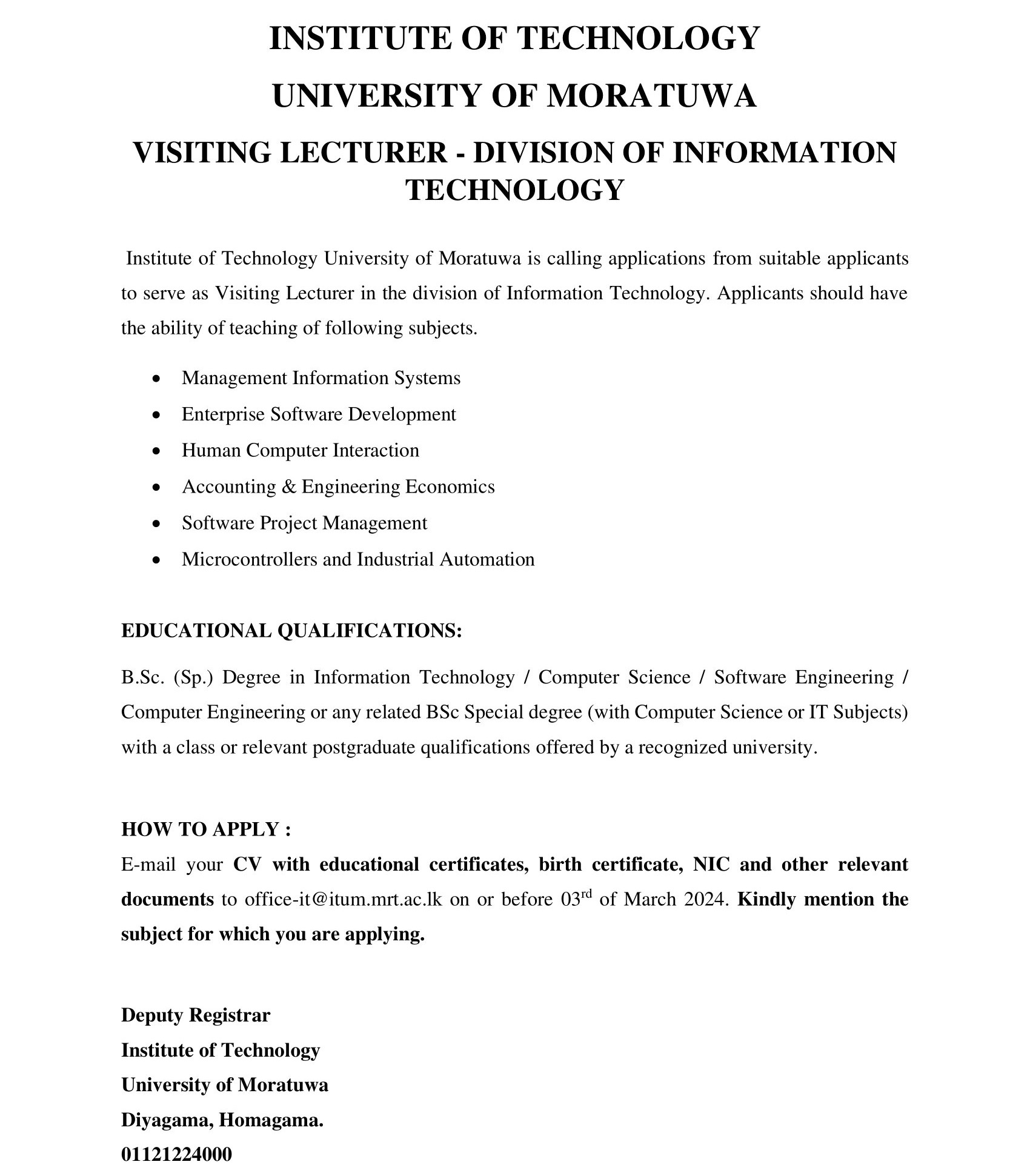 Visiting Lecturer, Lecturer - Institute of Technology - University of Moratuwa