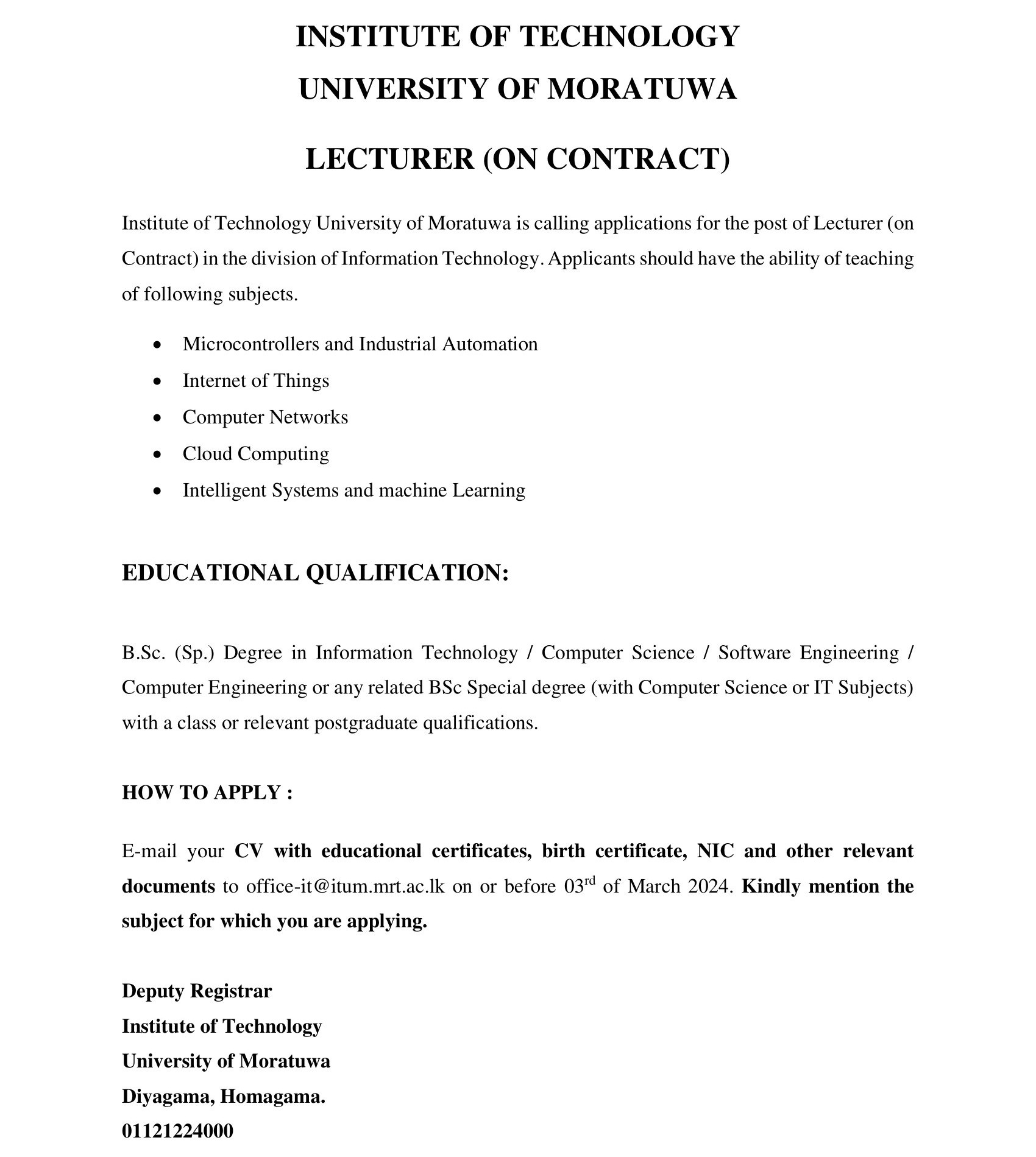 Visiting Lecturer, Lecturer - Institute of Technology - University of Moratuwa