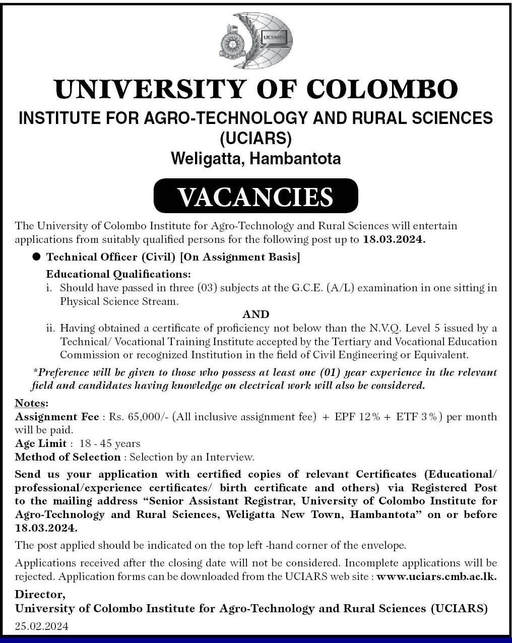 Technical Officer - University of Colombo