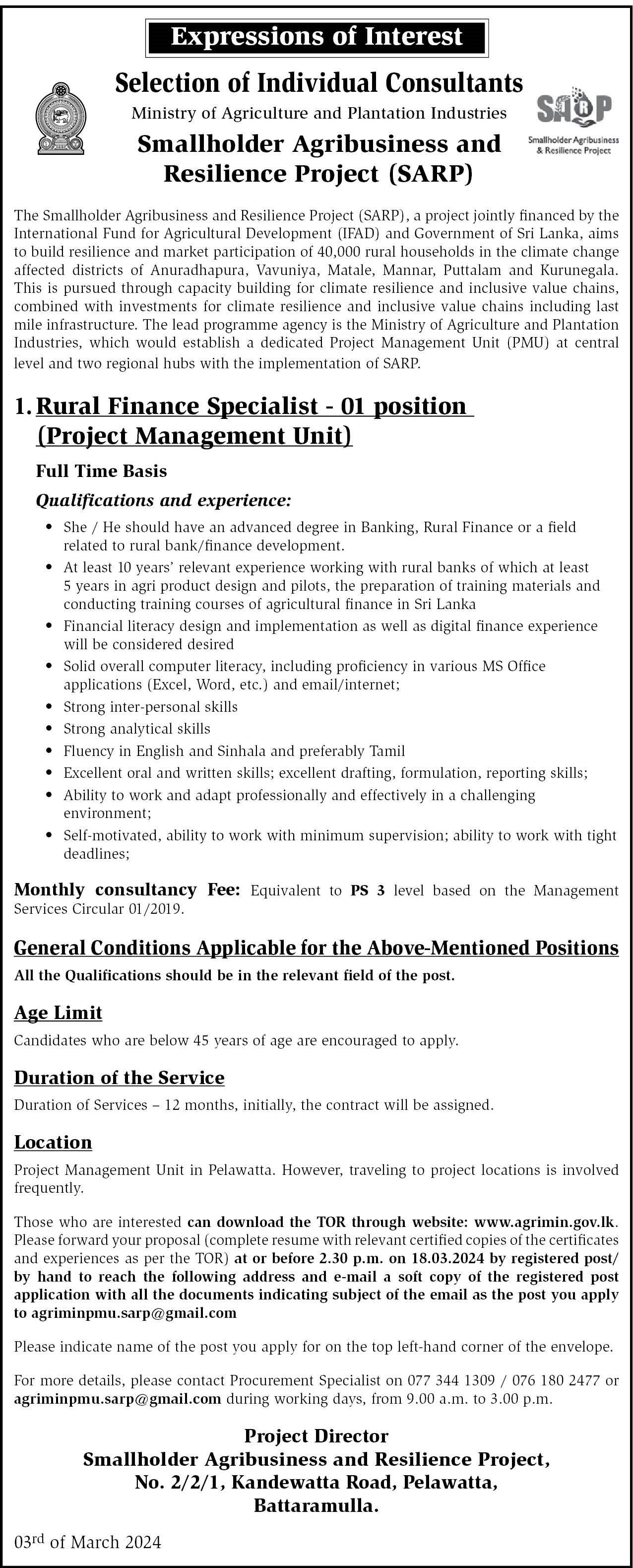 Rural Finance Specialist - Smallholder Agribusiness & Resilience Project - Ministry of Agriculture & Plantation Industries