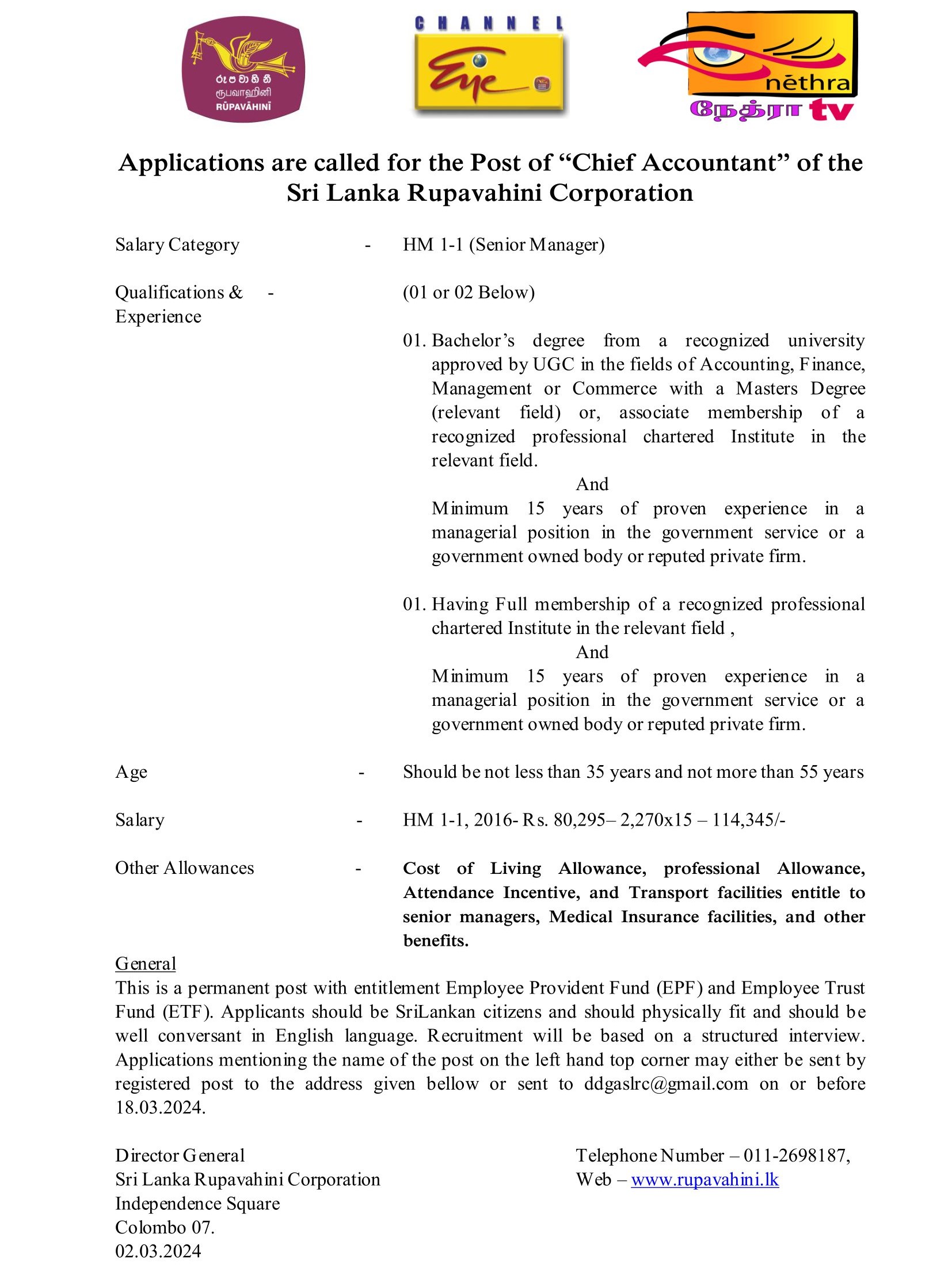 Chief Accountant - Sri Lanka Rupavahini Corporation