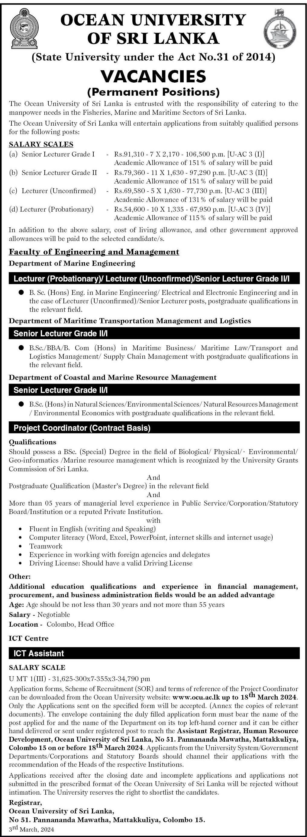 Senior Lecturer, Lecturer, Project Coordinator, ICT Assistant - Ocean University of Sri Lanka