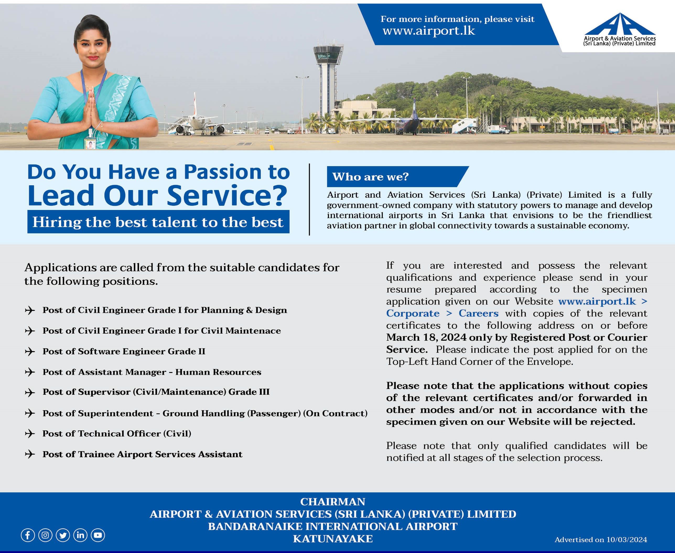 Civil Engineer, Software Engineer, Assistant Manager, Superintendent, Technical Officer, Trainee Airport Services Assistant - Airport & Aviation Services (Sri Lanka) (Private) Limited