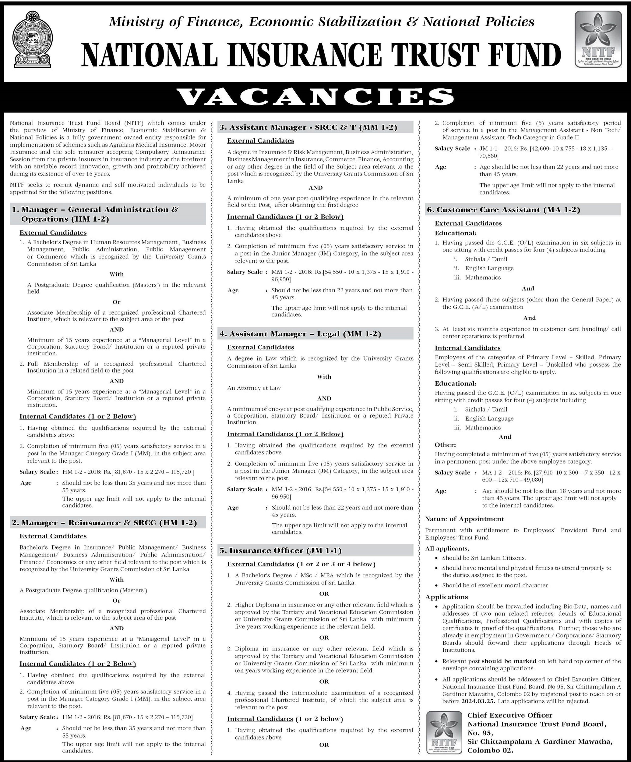 Manager, Assistant Manager, Insurance Officer, Customer Care Assistant - National Insurance Trust Found Board