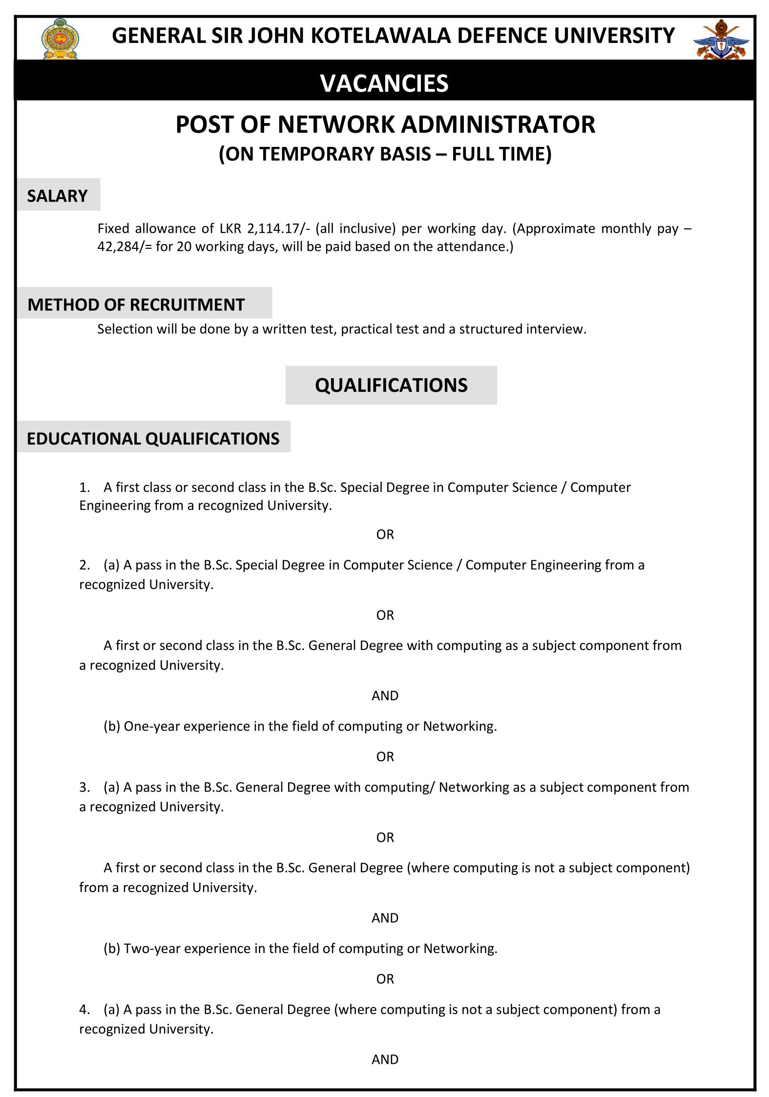 Network Administrator - General Sir John Kotelawala Defence University