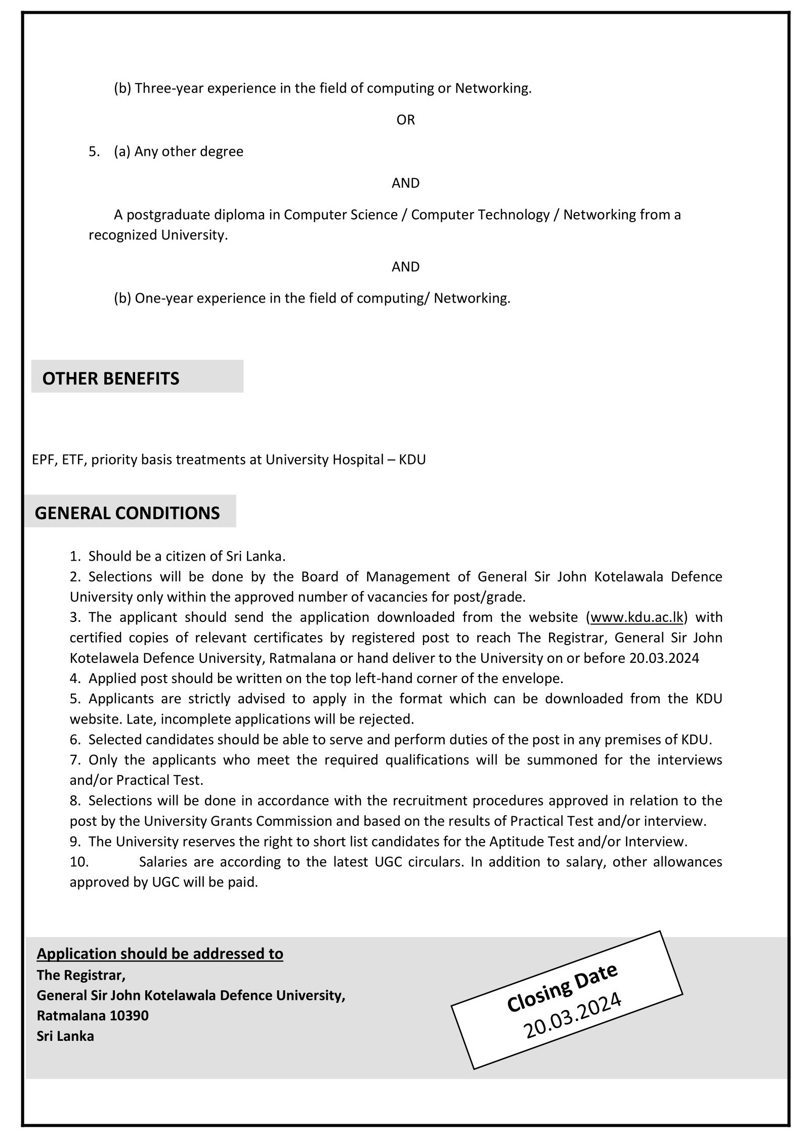 Network Administrator - General Sir John Kotelawala Defence University