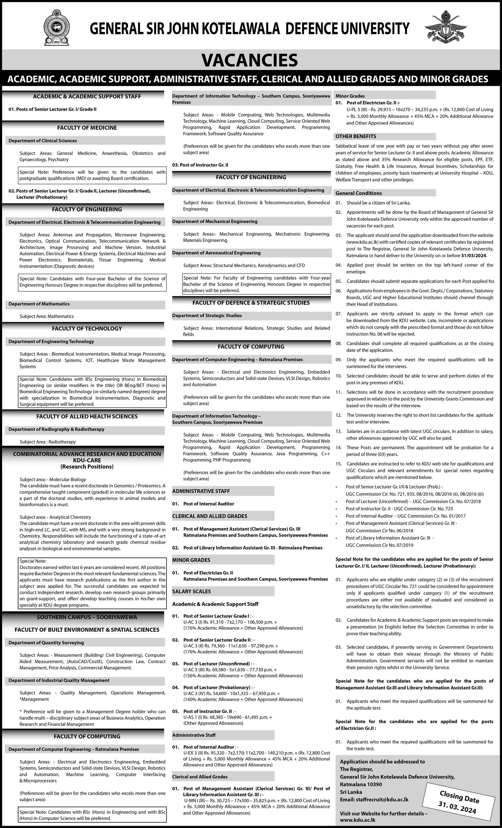 Management Assistant, Library Information Assistant, Electrician, Instructor, Internal Auditor, Senior Lecturer, Lecturer - General Sir John Kotelawala Defence University