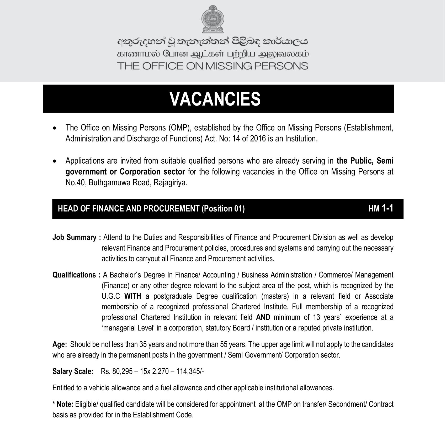 Management Assistant, Secretary to the Board / Senior Legal Officer, Head of Victim and Family Support, Head of Finance and Procurement - Office on Missing Persons