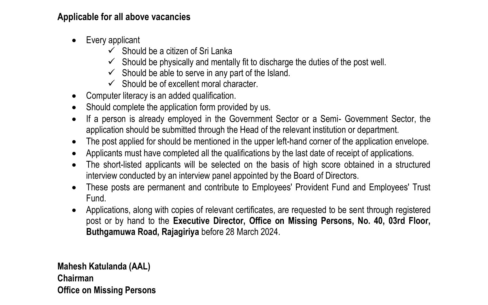 Management Assistant, Secretary to the Board / Senior Legal Officer, Head of Victim and Family Support, Head of Finance and Procurement - Office on Missing Persons