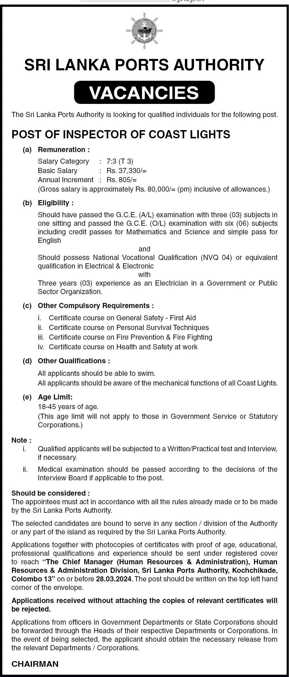 Inspector of Coast Lights - Sri Lanka Ports Authority