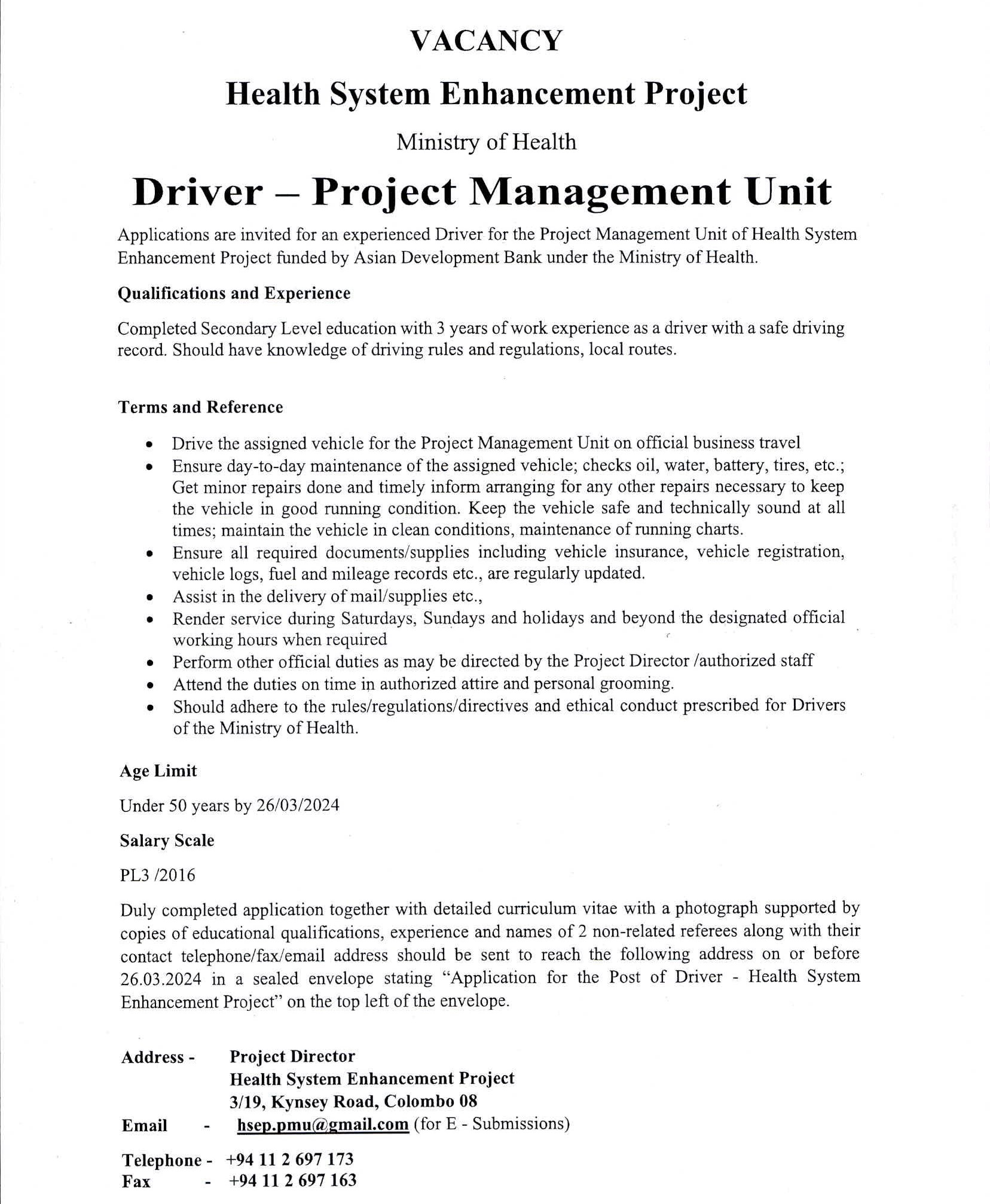 Driver - Health System Enhancement Project - Ministry of Health