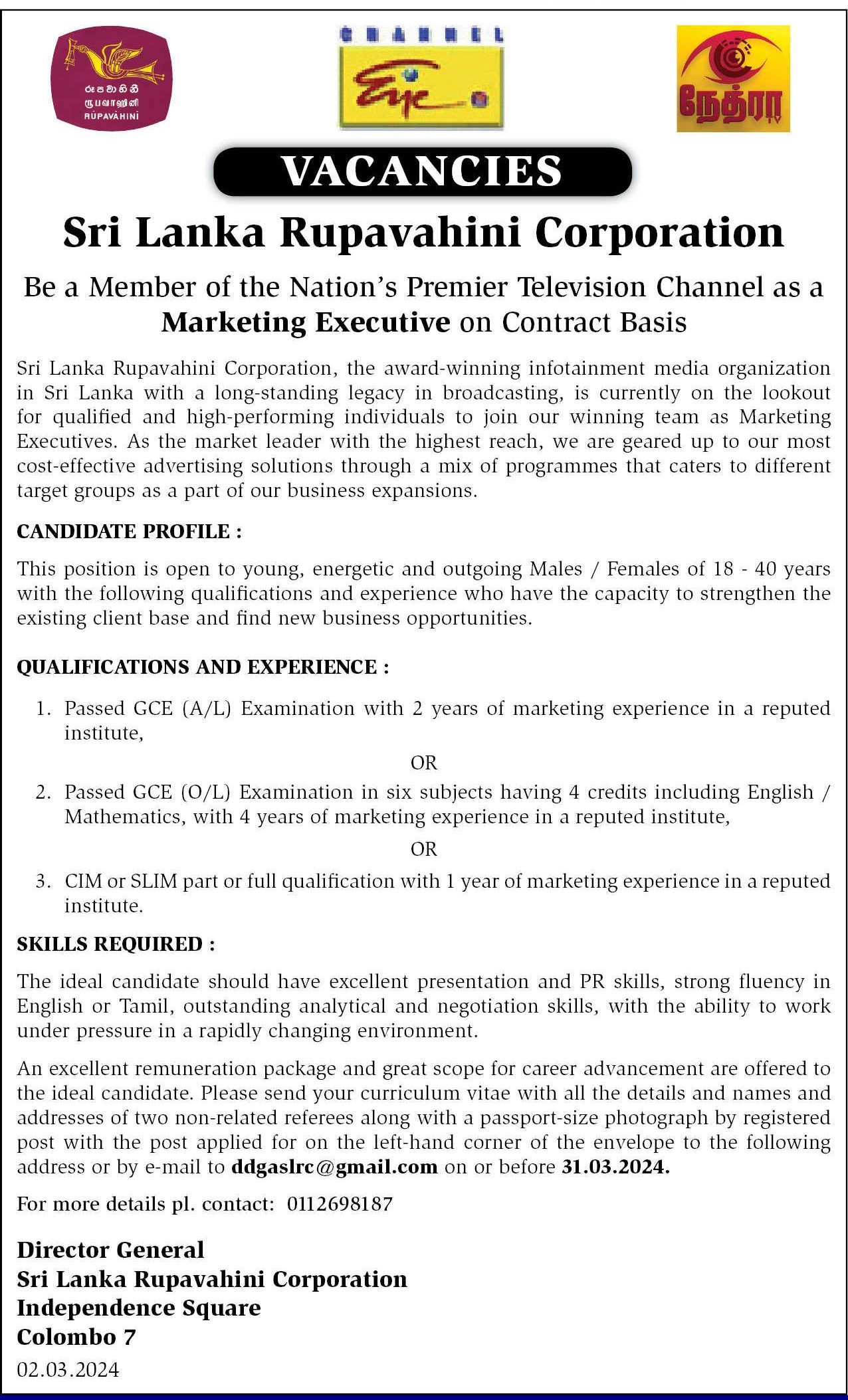 Marketing Executive - Sri Lanka Rupavahini Corporation