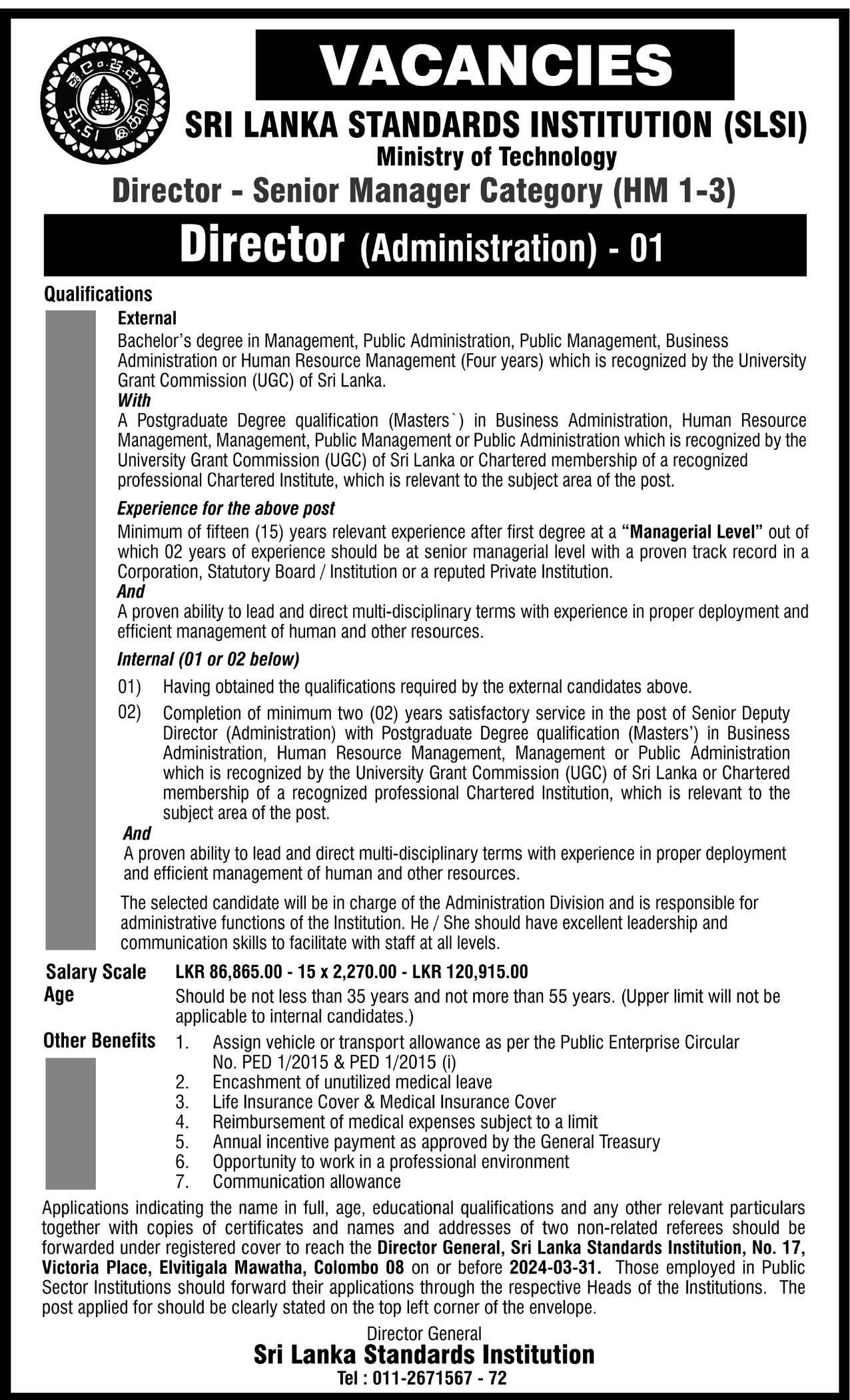 Director (Administration) - Sri Lanka Standards Institution