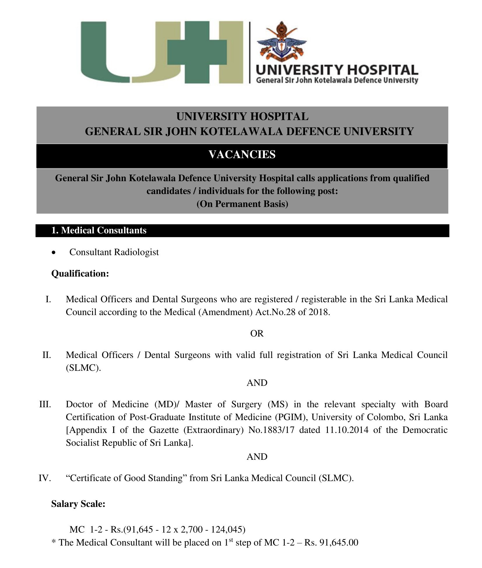 Consultant (Radiologist) - University Hospital - General Sir John Kotelawala Defence University