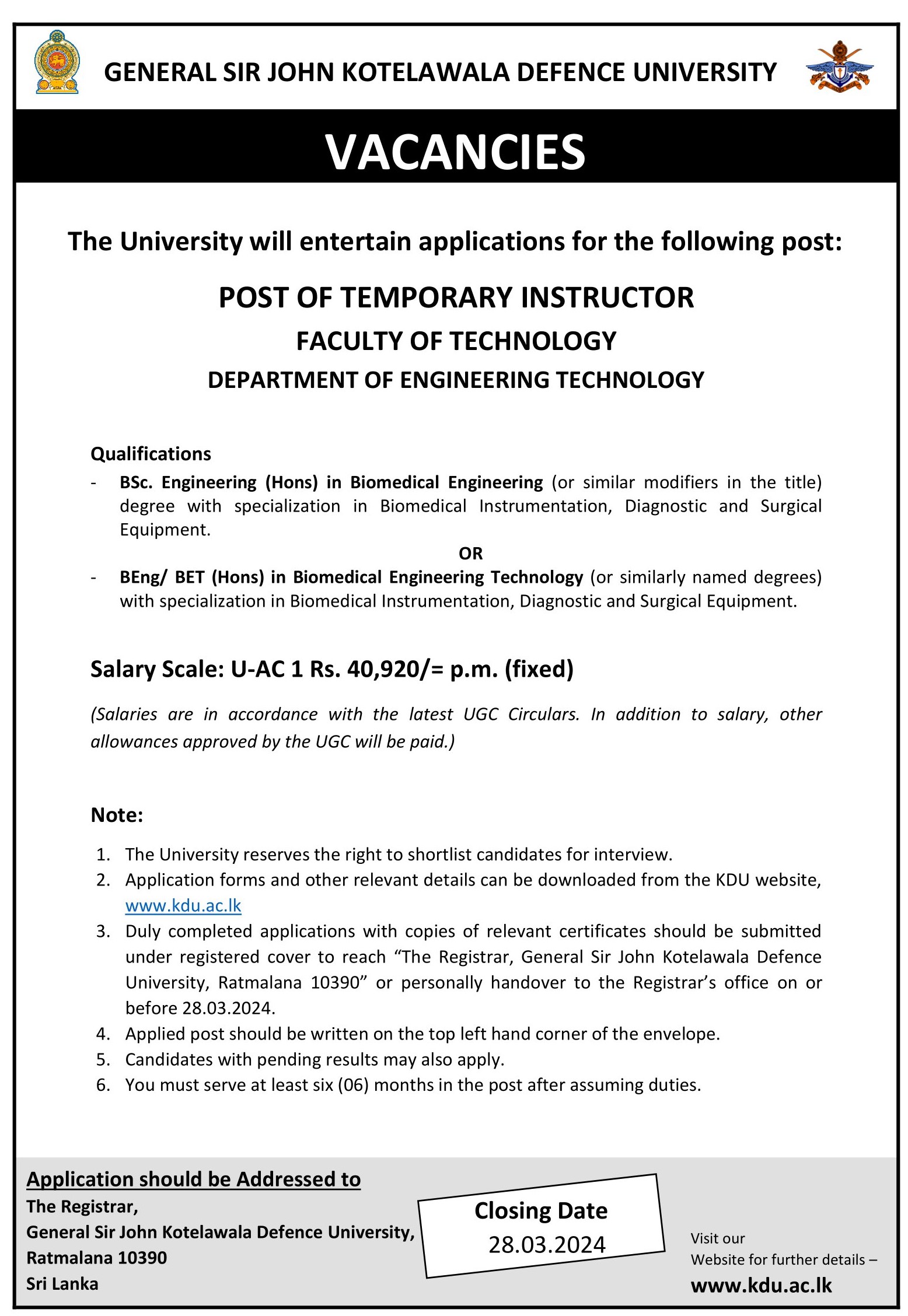 Temporary Instructor - General Sir John Kotelawala Defence University