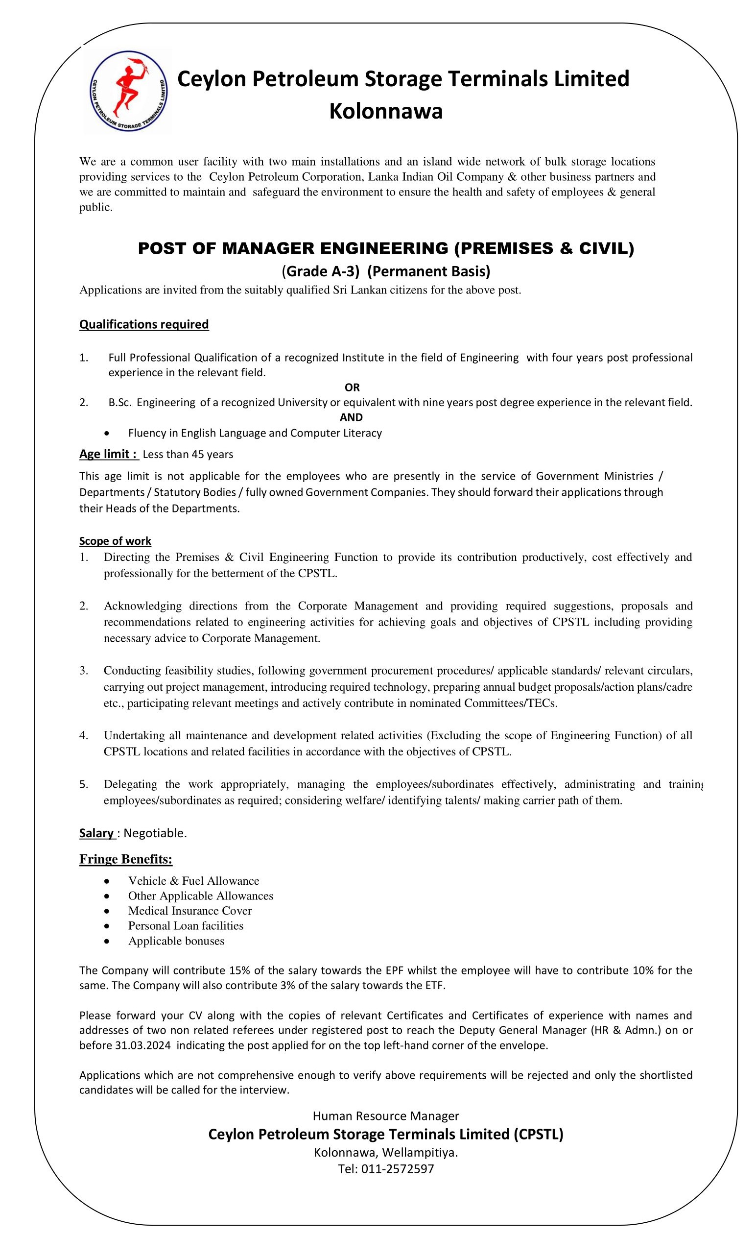 Manager (Engineering) - Ceylon Petroleum Storage Terminals Limited