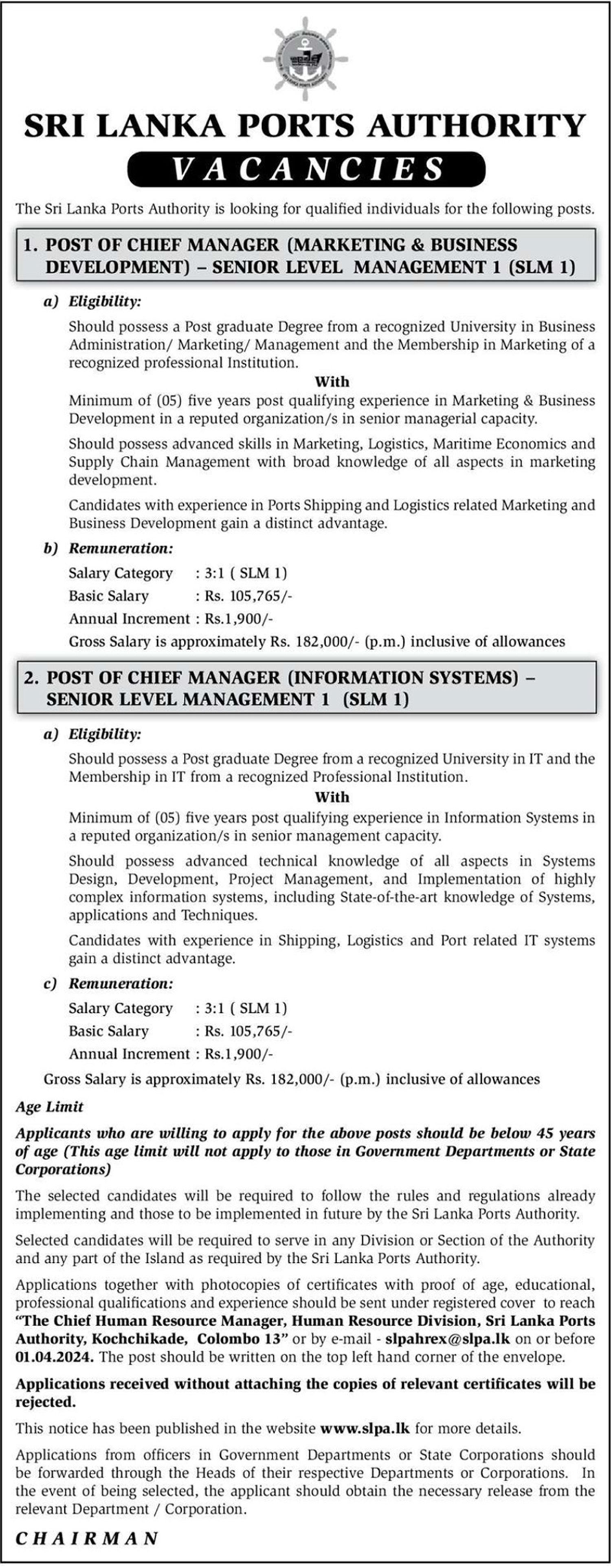 Chief Manager (Marketing & Business Development, Information Systems) - Sri Lanka Ports Authority