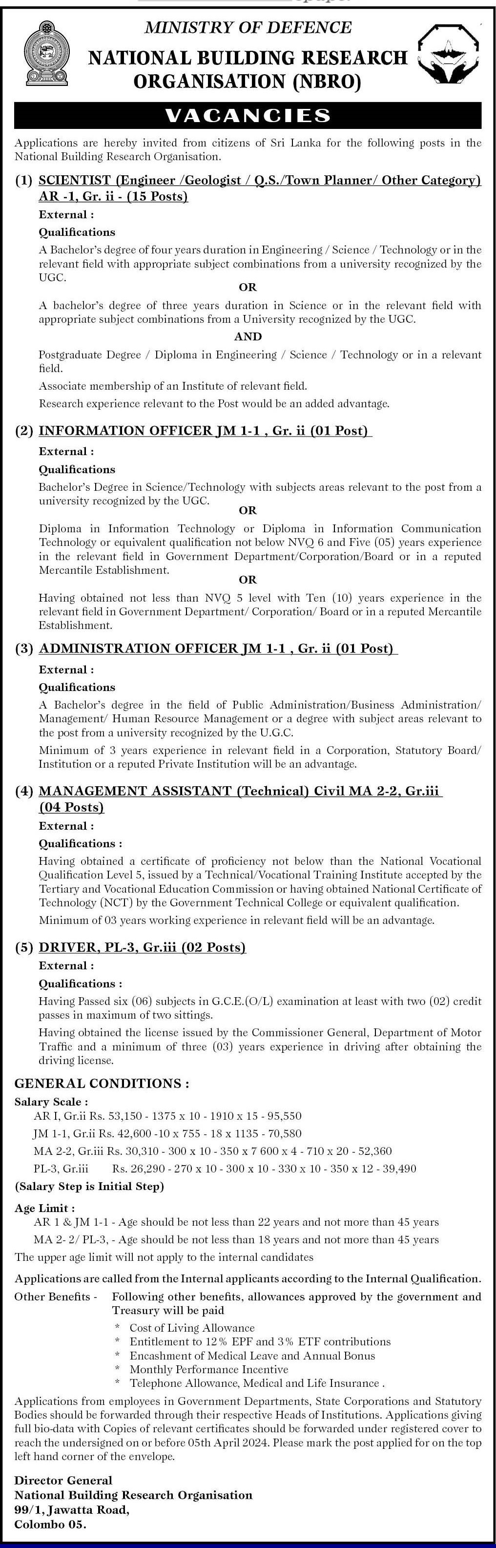 Scientist (Engineer/Geologist/Q.S/Town Planner/Other Category), Information Officer, Administration Officer, Management Assistant (Technical), Driver - National Building Research Organization