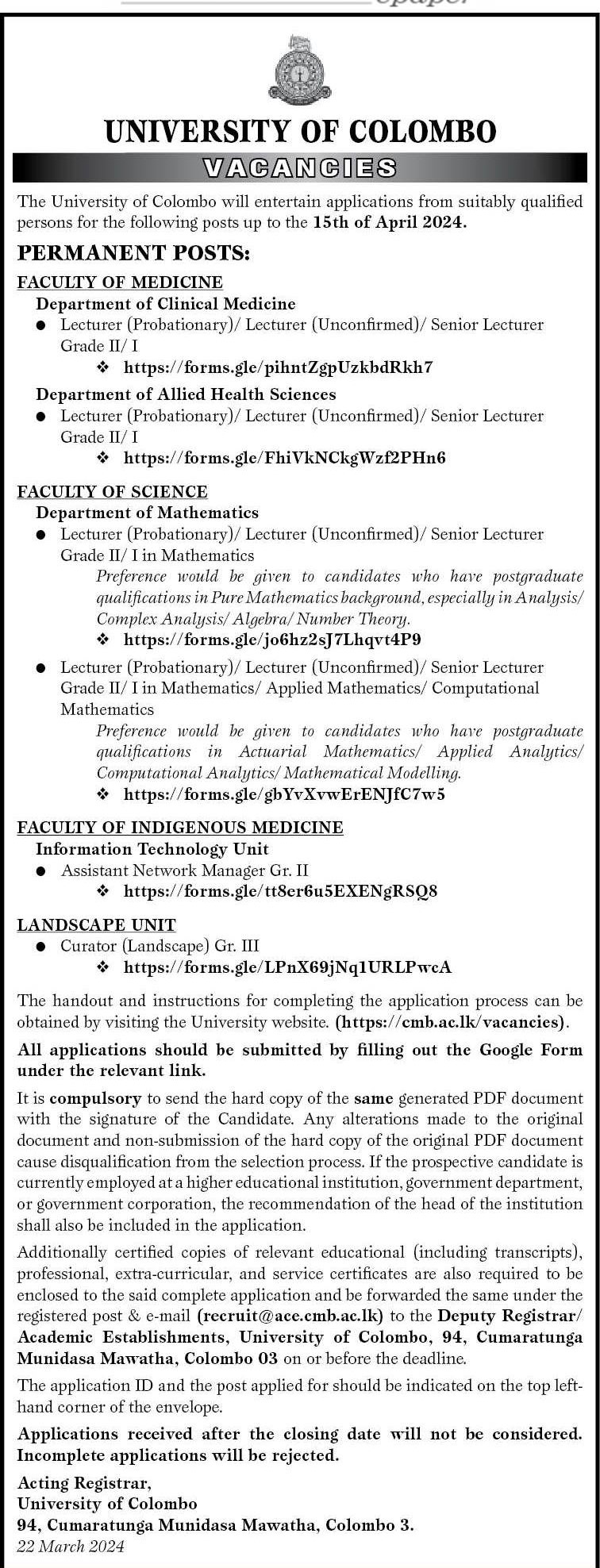 Assistant Network Manager, Curator (Landscape), Lecturer, Senior Lecturer - University Colombo