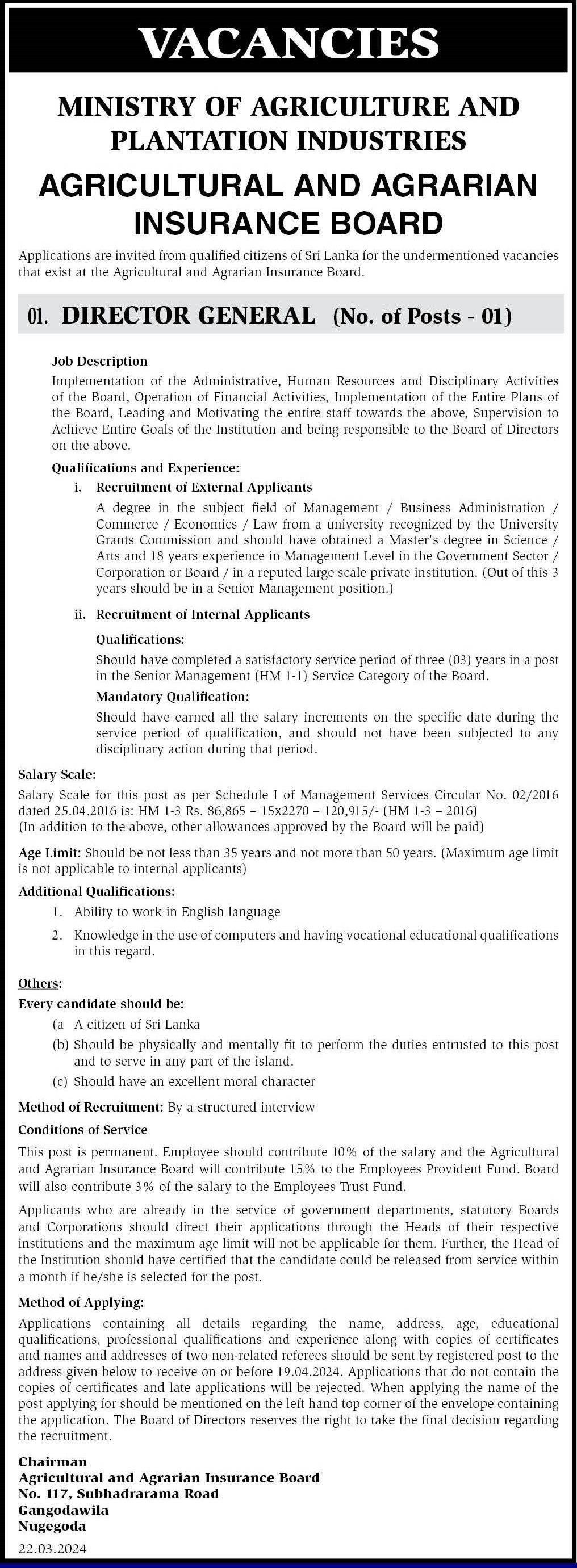 Director General - Agricultural & Agrarian Insurance Board