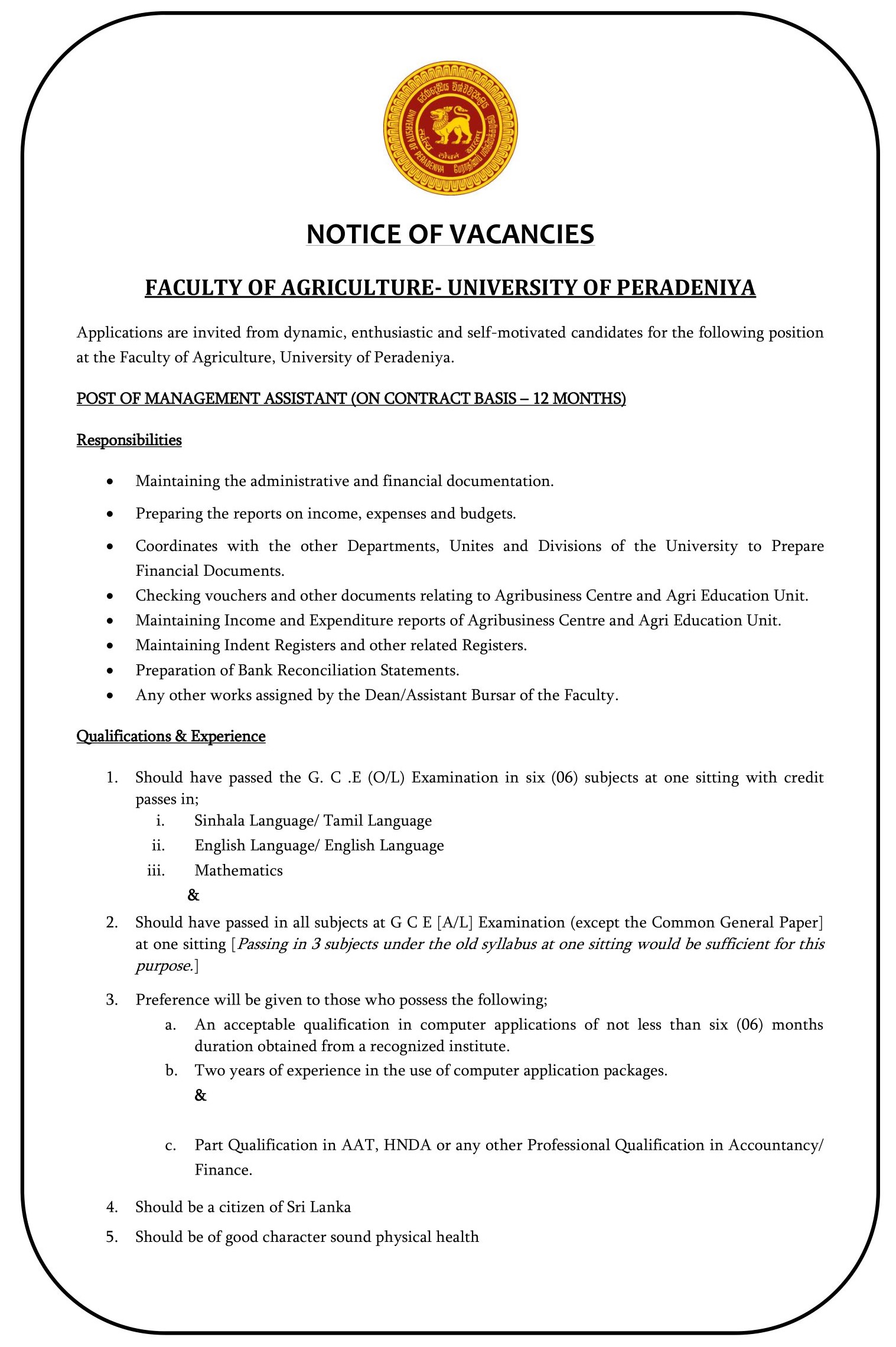 Management Assistant - University of Peradeniya