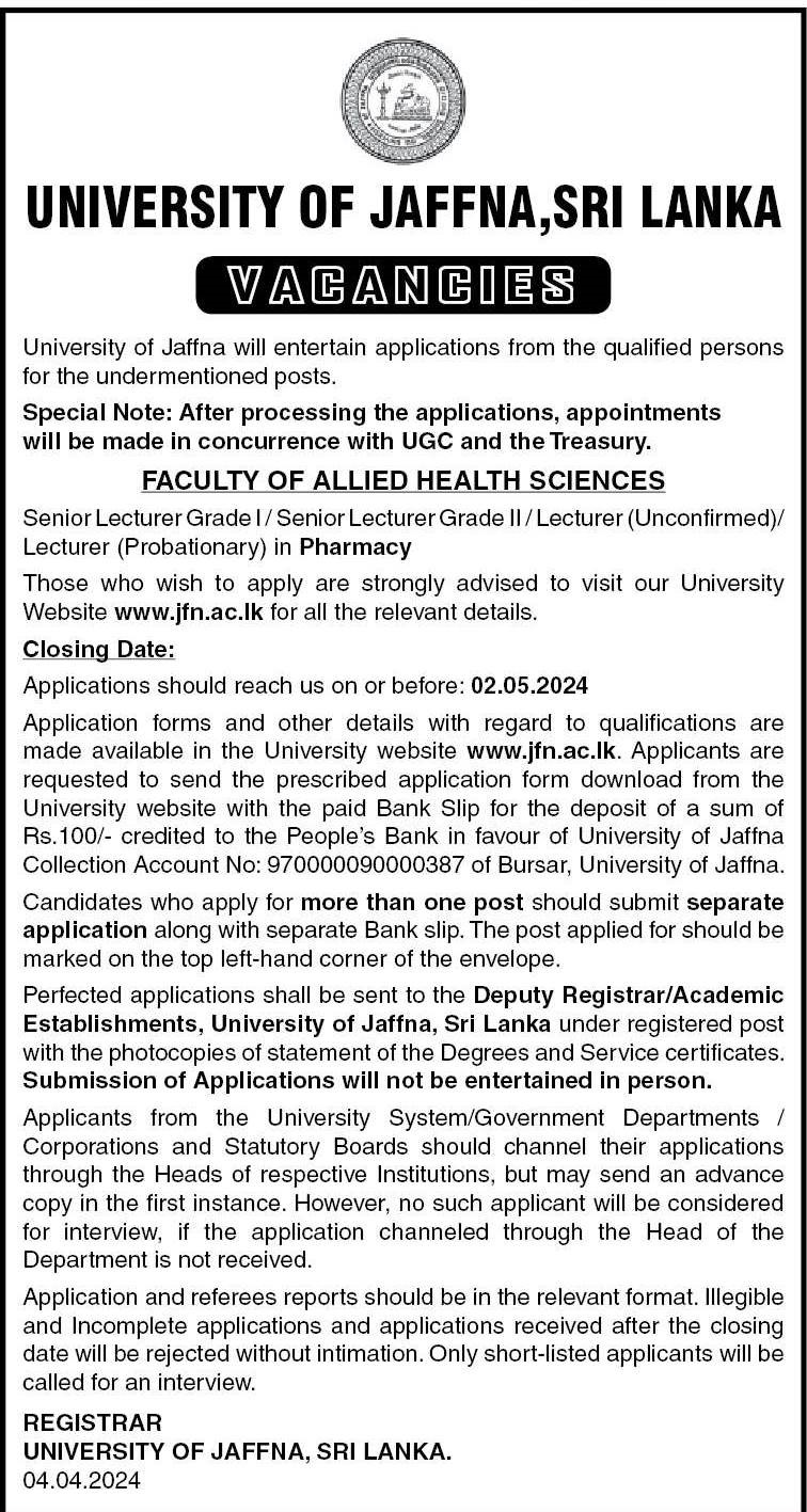 Senior Lecturer, Lecturer - University of Jaffna 