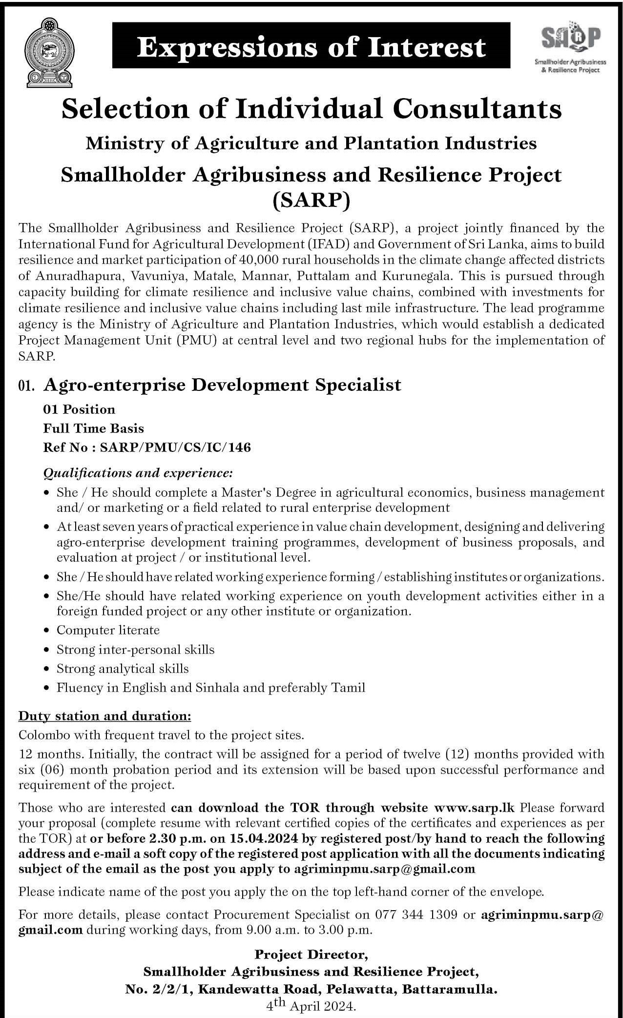 Agro Enterprise Development Specialist - Smallholder Agribusiness & Resilience Project - Ministry of Agriculture & Plantation Industries