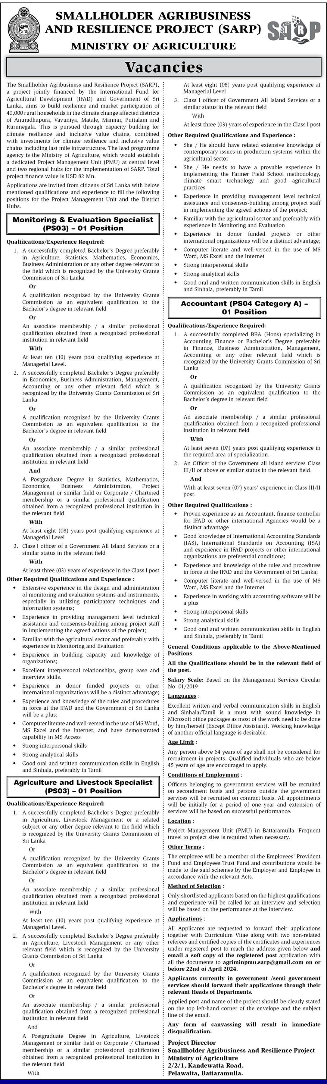 Monitoring & Evaluation Specialist, Agriculture & Livestock Specialist, Accountant - Smallholder Agribusiness & Resilience Project - Ministry of Agriculture