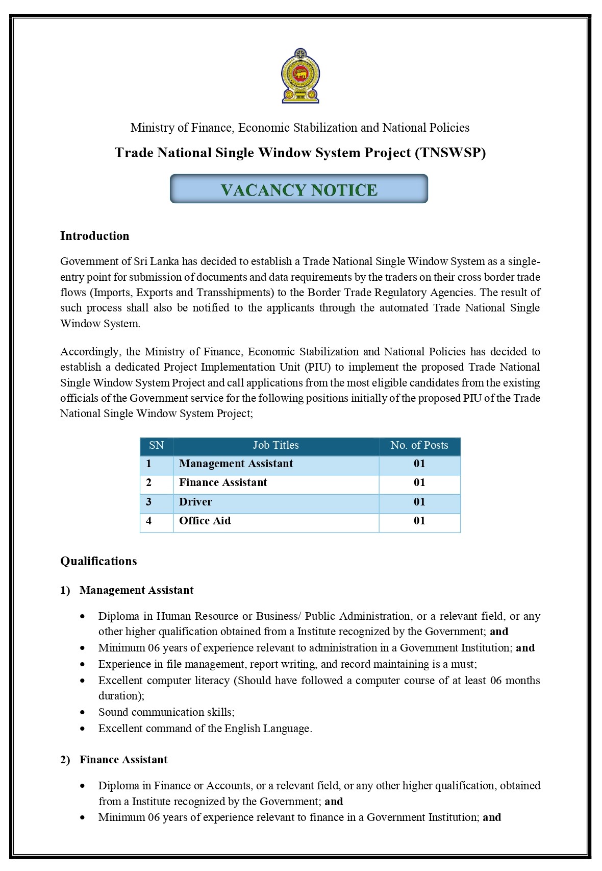 Management Assistant, Finance Assistant, Driver, Office Aid - Ministry of Finance, Economic Stabilization & National Policies