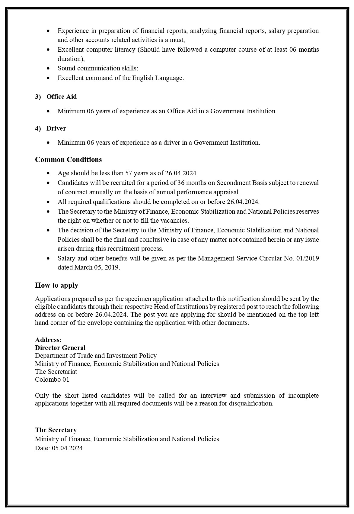 Management Assistant, Finance Assistant, Driver, Office Aid - Ministry of Finance, Economic Stabilization & National Policies