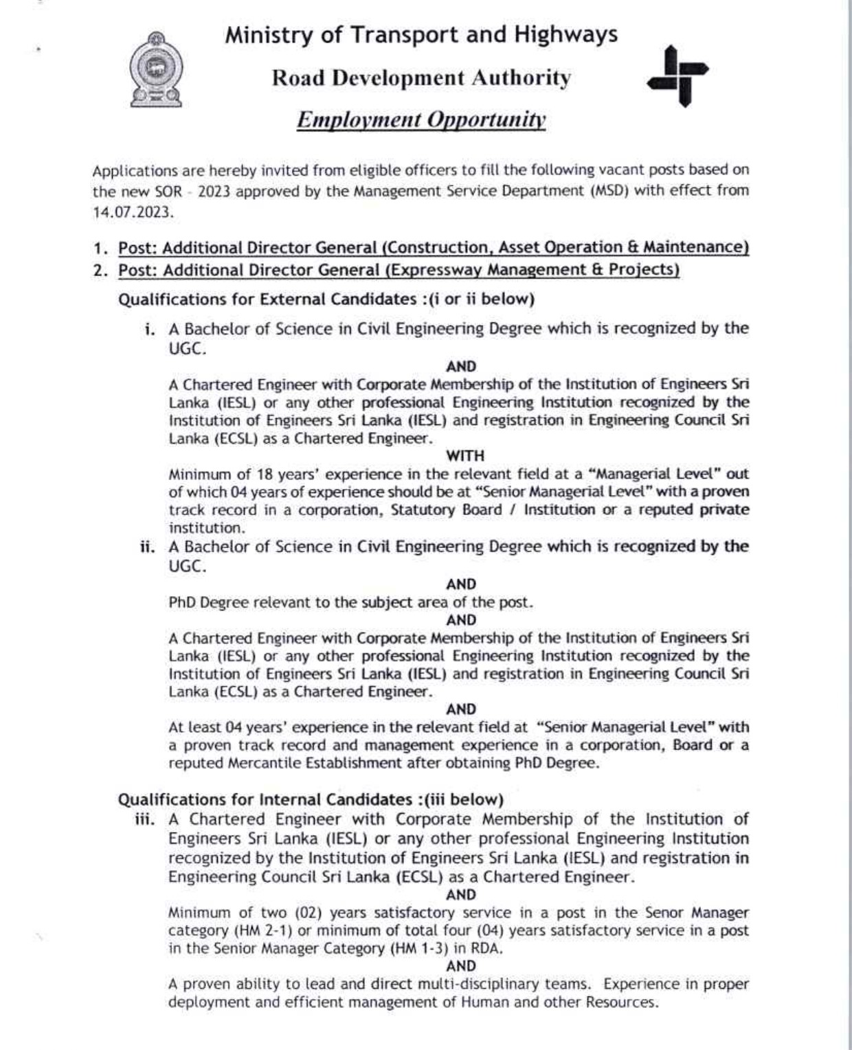 Additional Director General (Construction, Asset Operation & Maintenance), Additional Director General (Expressway Management & Projects) - Road Development Authority