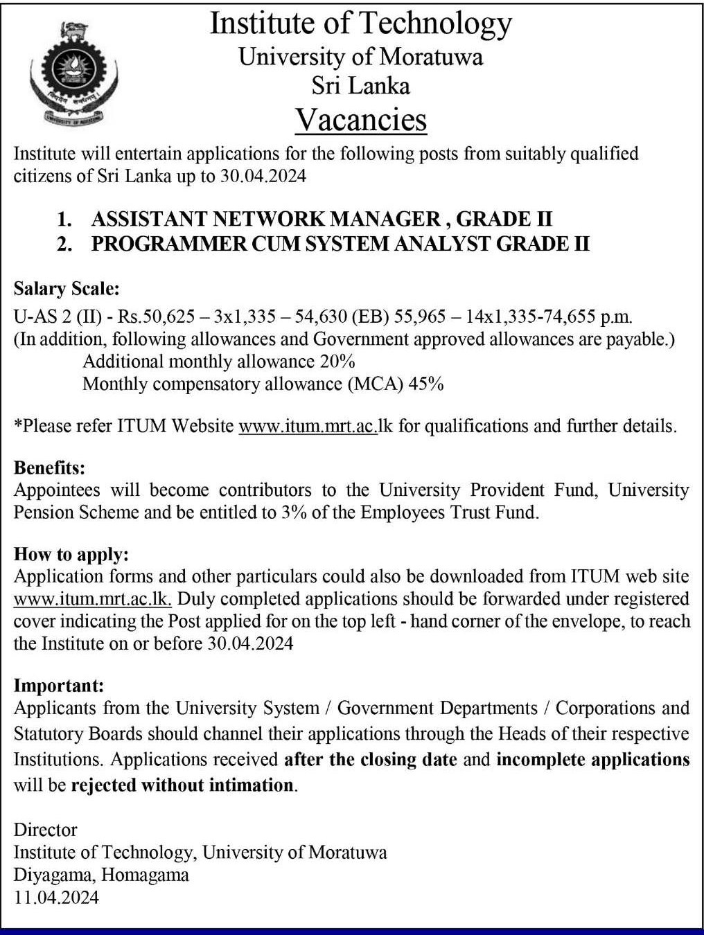 Assistant Network Manager, Programmer/ System Analyst - Institute of Technology - University of Moratuwa