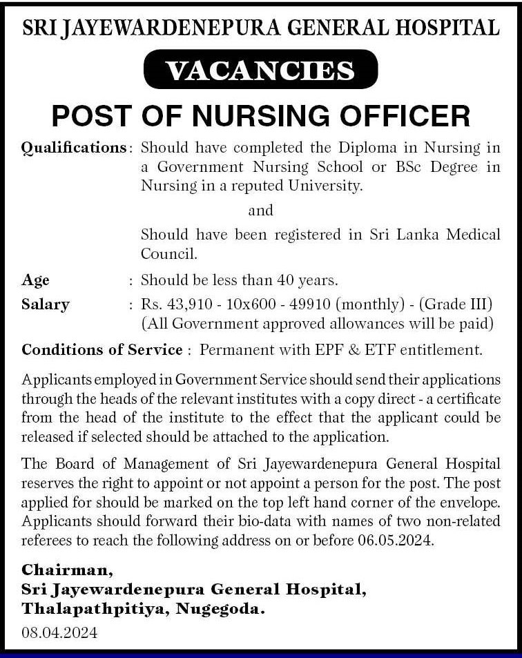 Nursing Officer - Sri Jayewardenepura General Hospital