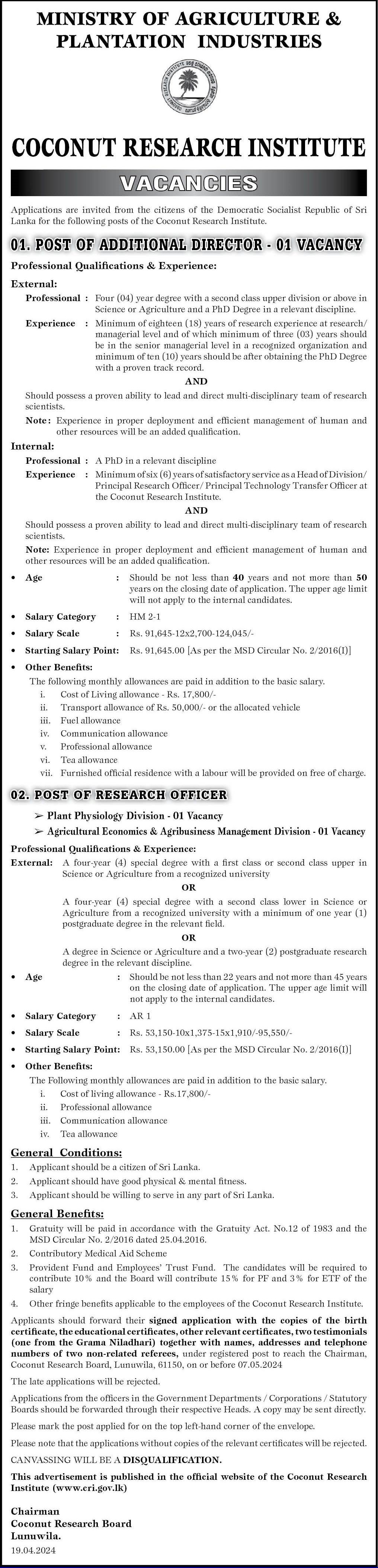 Additional Director, Research Officer - Coconut Research Board