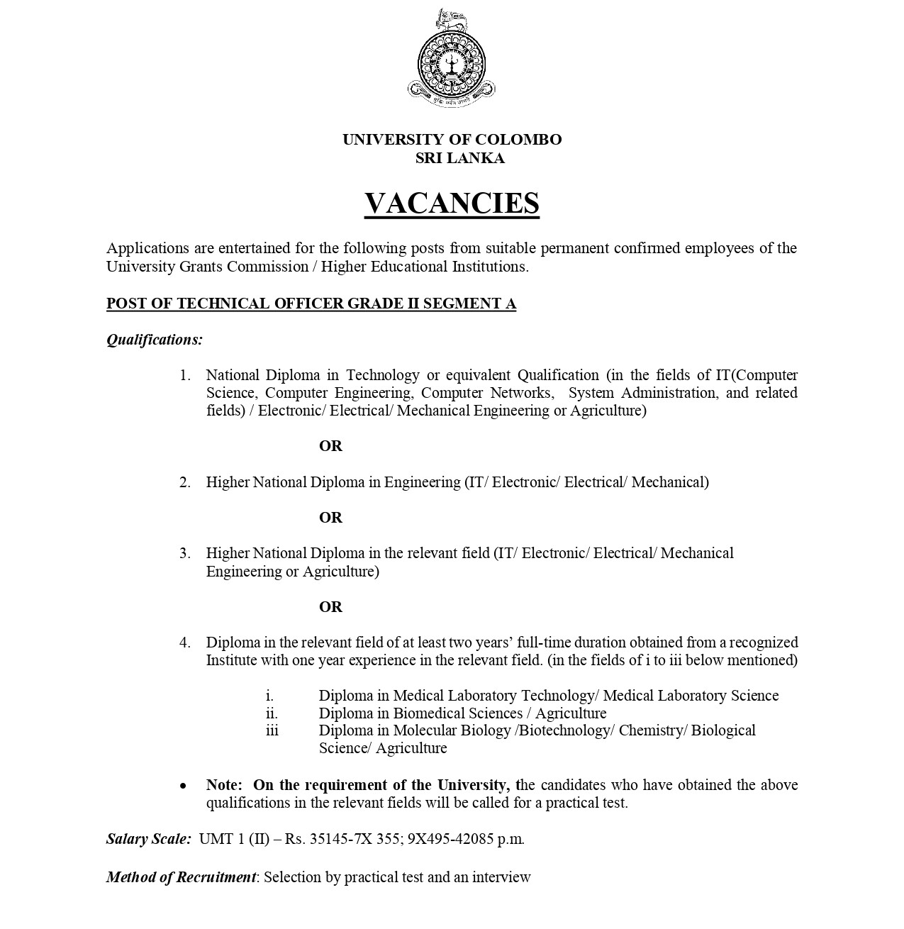 Technical Officer, Marshal - University of Colombo