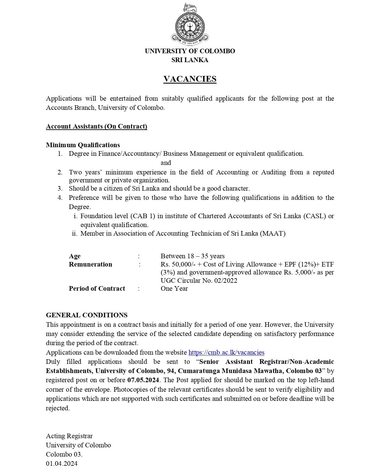 Account Assistant - University of Colombo