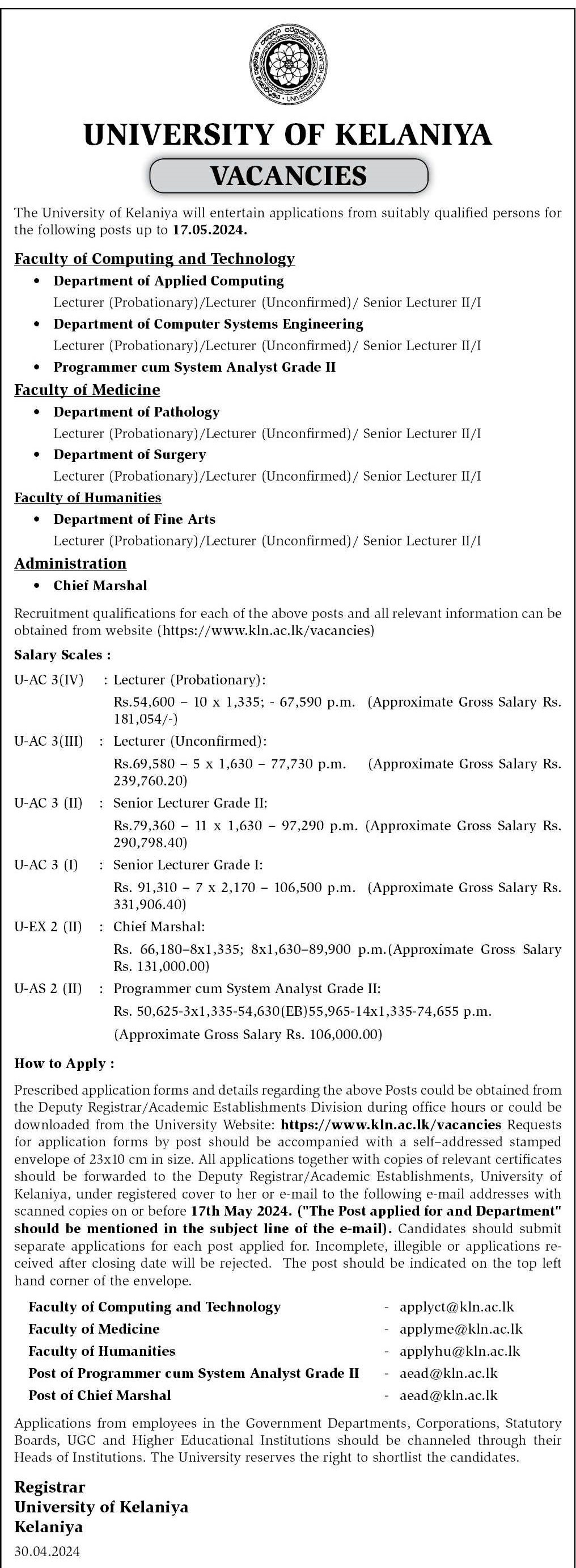 Lecturer, Senior Lecturer, Programmer/System Analyst - University of Kelaniya