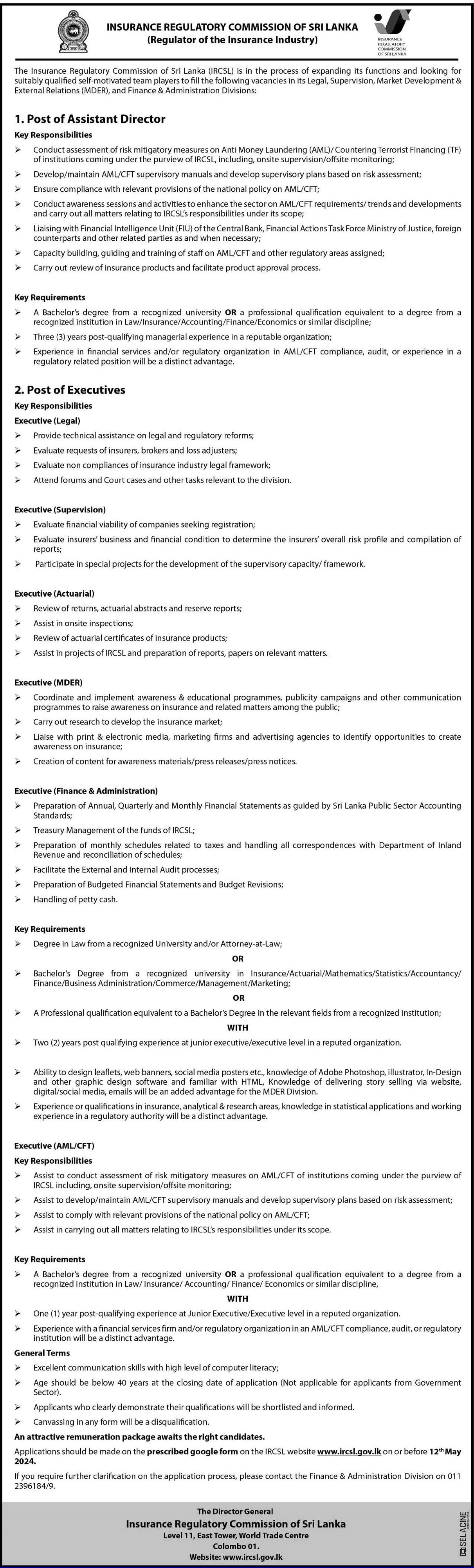 Assistant Director, Executive - Insurance Regulatory Commission of Sri Lanka