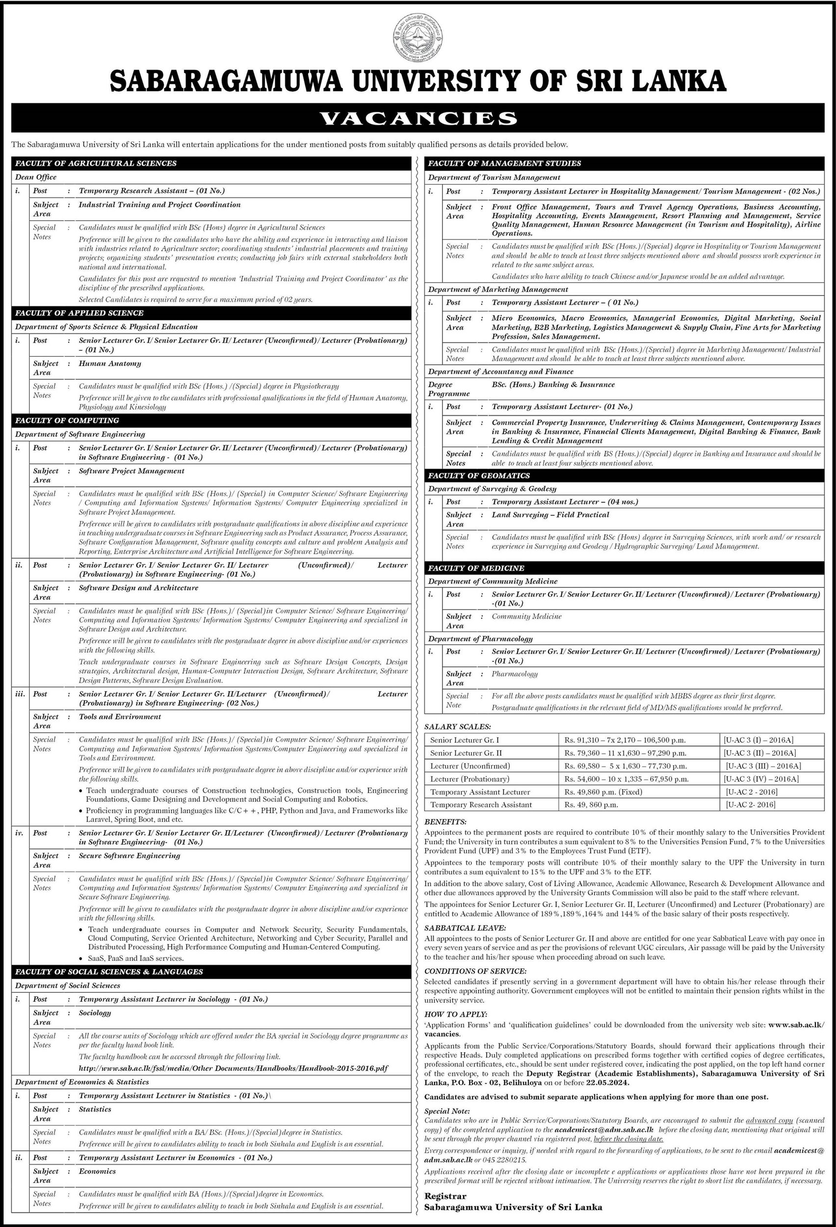 Senior Lecturer, Lecturer, Temporary Assistant Lecturer, Temporary Research Assistant - Sabaragamuwa University of Sri Lanka