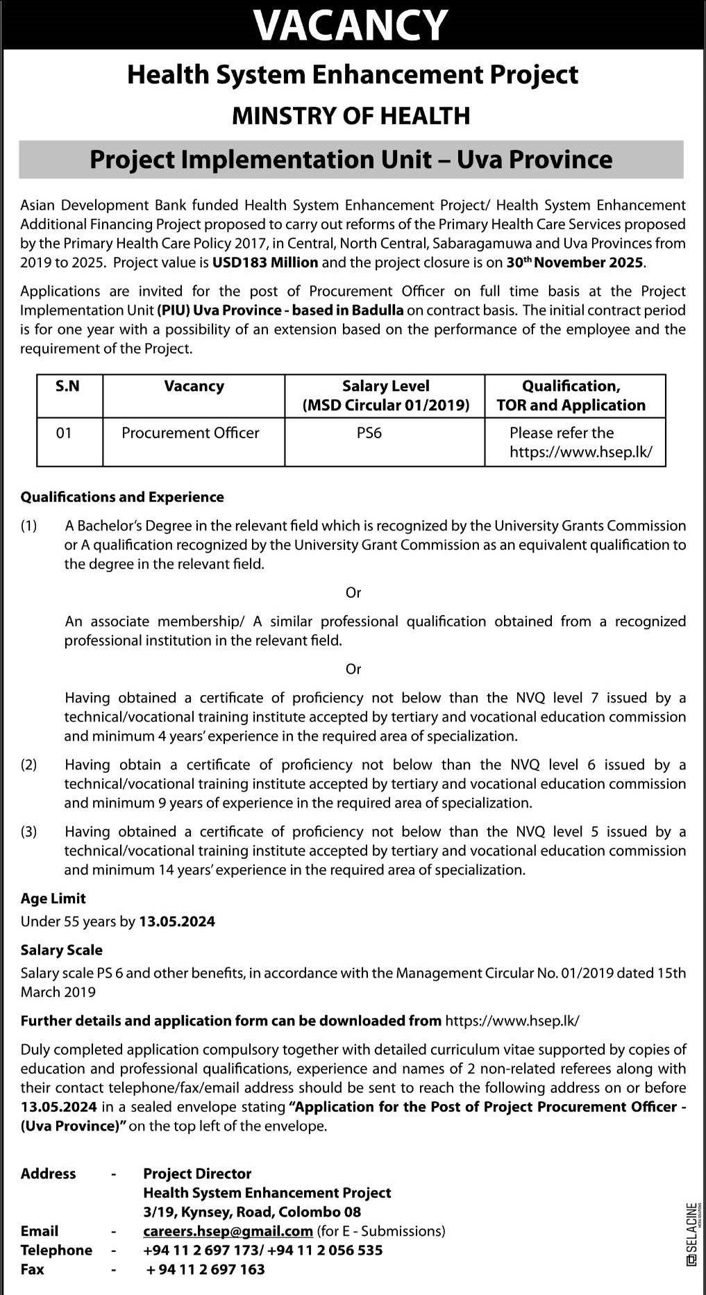 Procurement Officer - Health System Enhancement Project - Ministry of Health