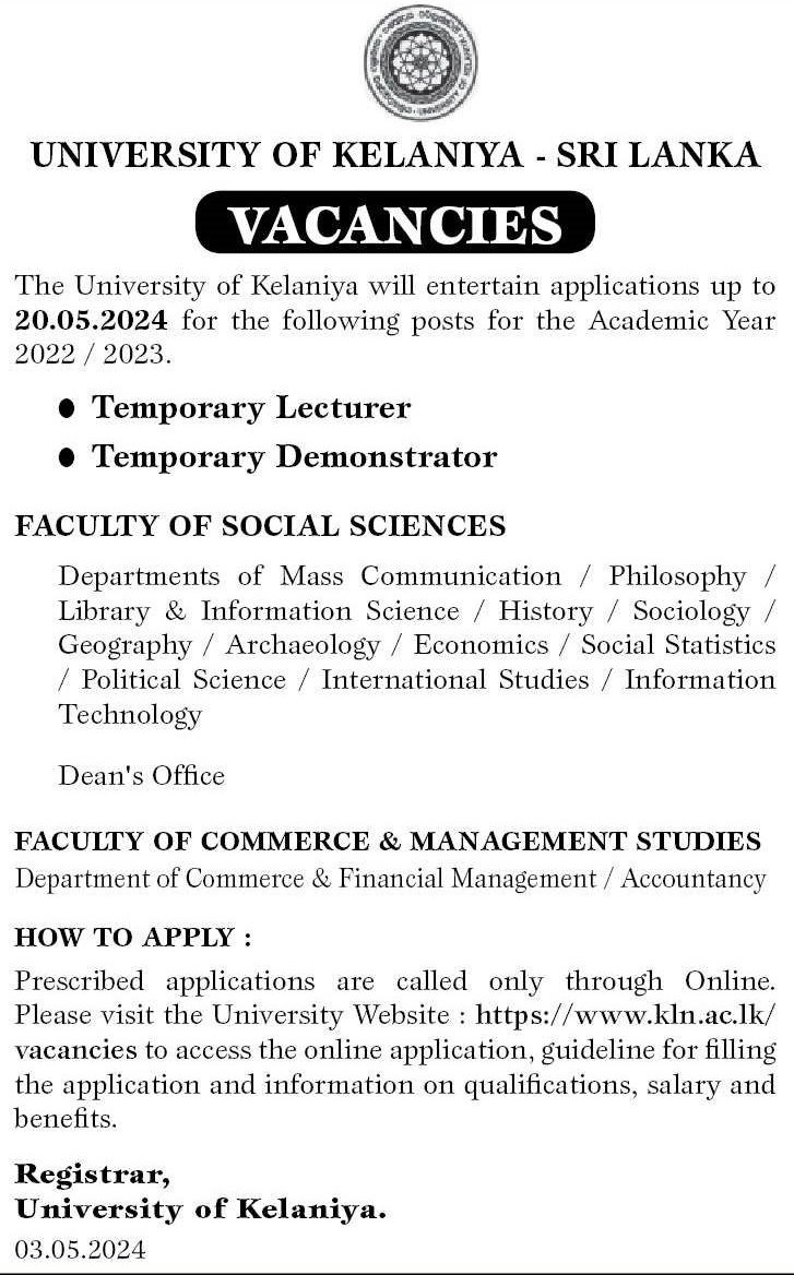 Temporary Lecturer, Temporary Demonstrator - University of Kelaniya