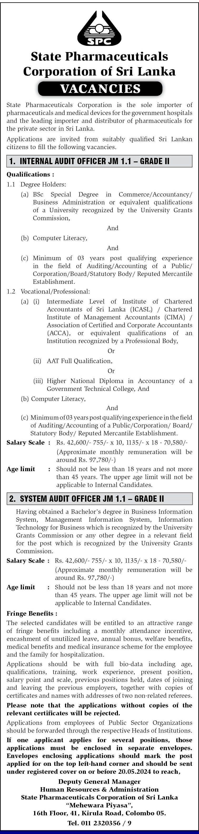  Internal Audit Officer, System Audit Officer - State Pharmaceuticals Corporation of Sri Lanka