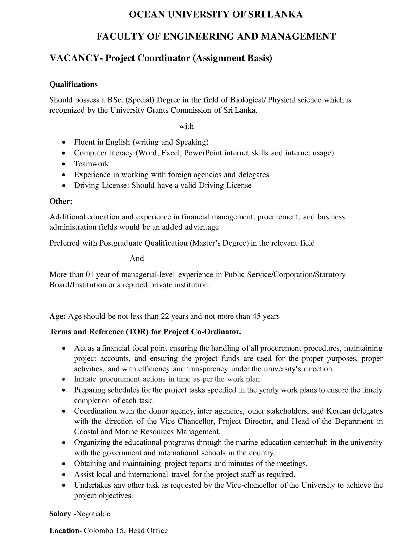Project Coordinator - Ocean University of Sri Lanka