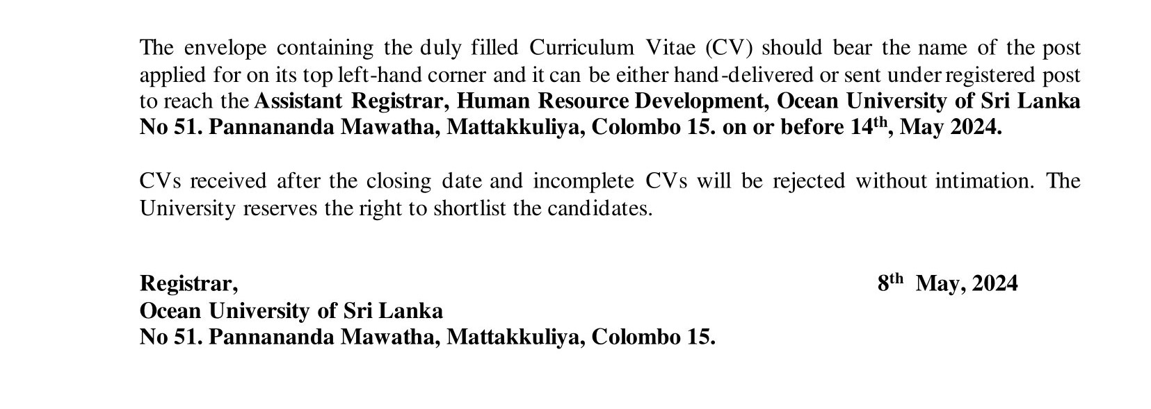 Project Coordinator - Ocean University of Sri Lanka