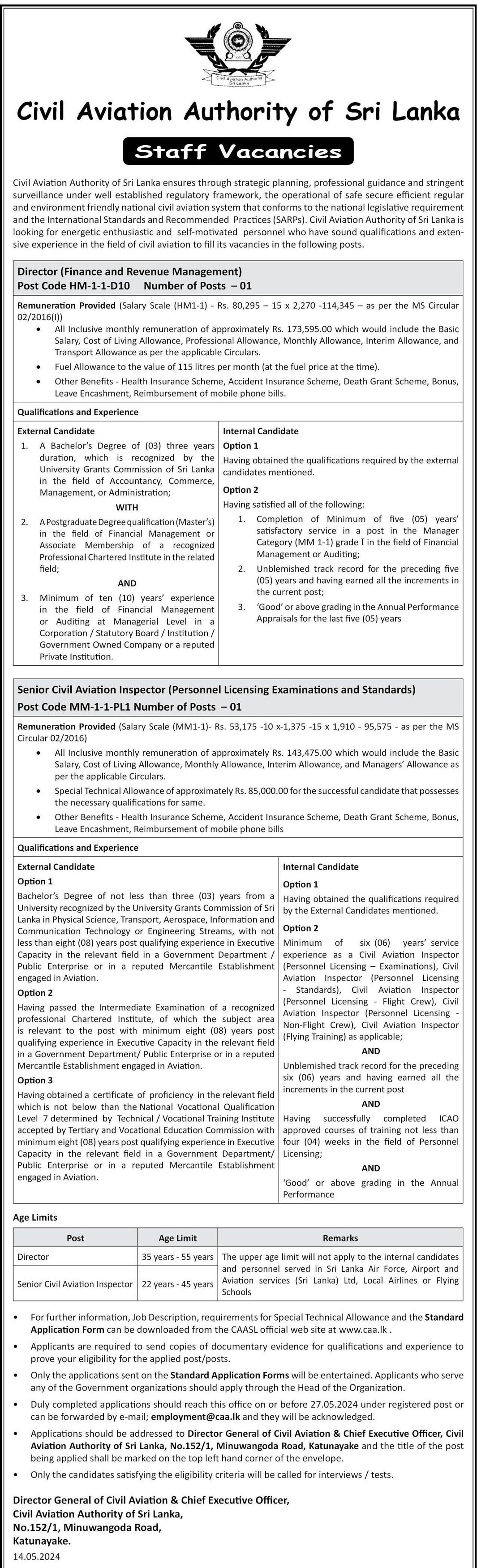 Director, Senior Civil Aviation Inspector - Civil Aviation Authority of Sri Lanka